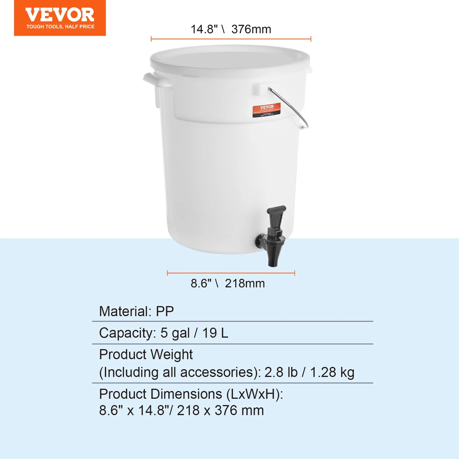 VEVOR beverage dispenser, white plastic, 5-gallon capacity, dimensions 8.6&quot;x14.8&quot;.