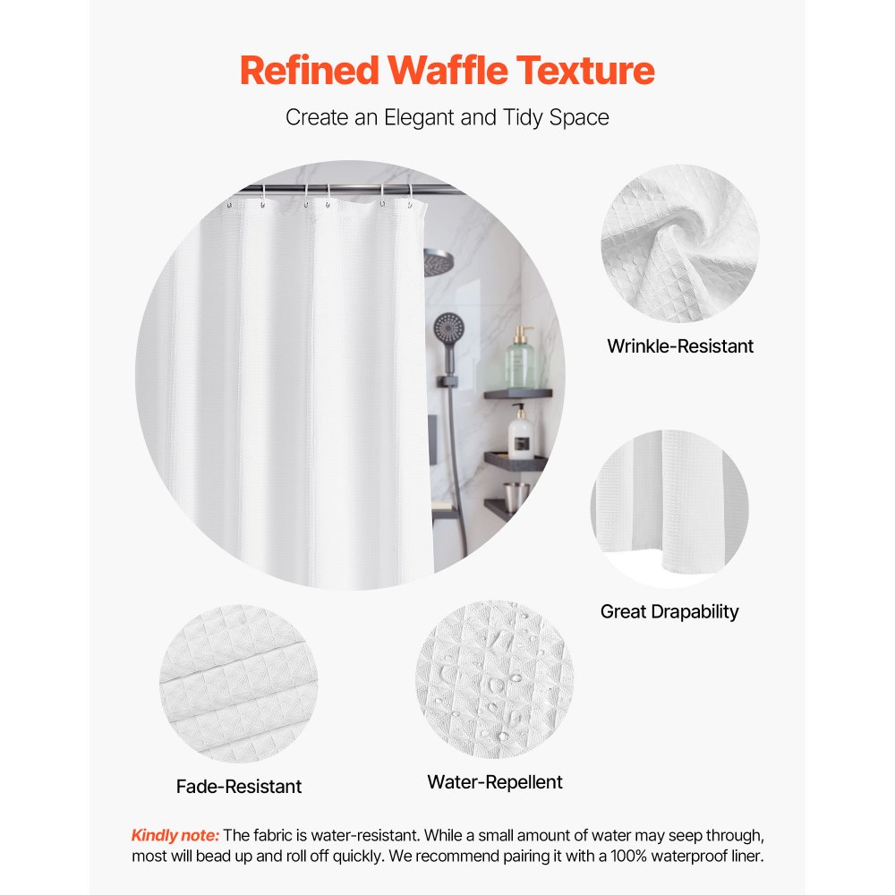 VEVOR White Fabric Shower Curtain, 240 GSM Weighted Waffle Shower Curtains, Polyester Curtain with Rust-Resistant Hooks, Machine Washable & Water Repellent, for Bathroom Showers, Bath Tubs, 72x72 in