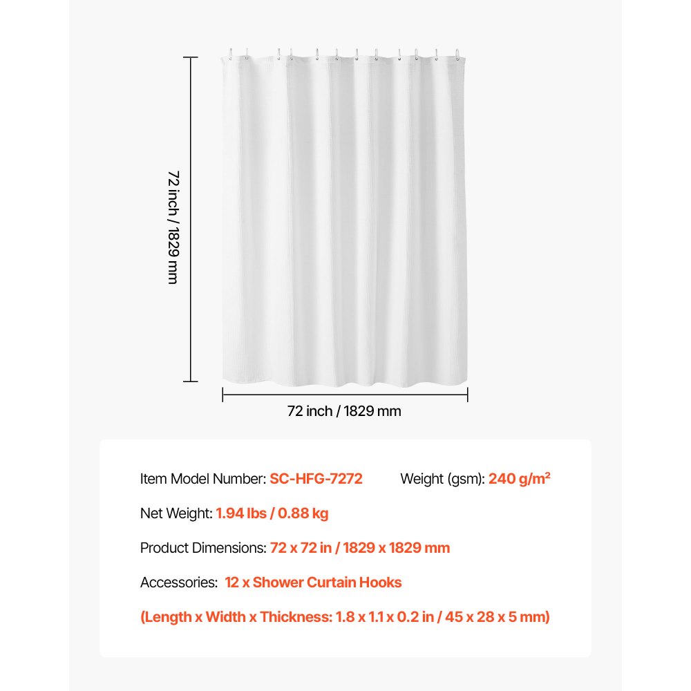 VEVOR White Fabric Shower Curtain, 240 GSM Weighted Waffle Shower Curtains, Polyester Curtain with Rust-Resistant Hooks, Machine Washable & Water Repellent, for Bathroom Showers, Bath Tubs, 72x72 in