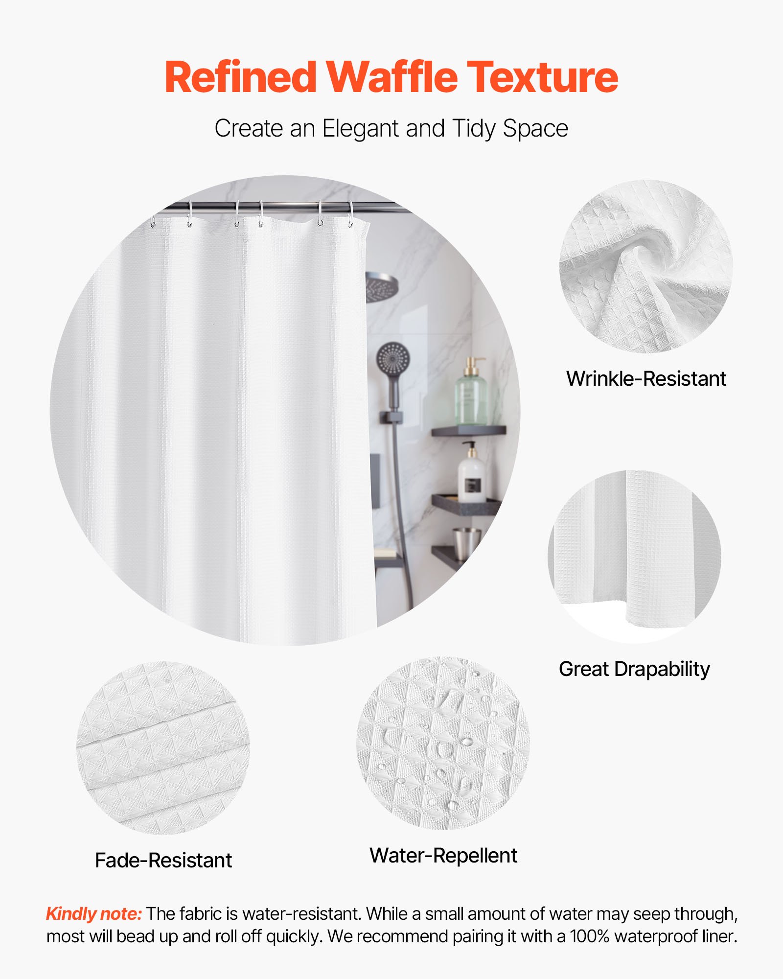 VEVOR White Fabric Shower Curtain, 240 GSM Weighted Waffle Shower Curtains, Polyester Curtain with Rust-Resistant Hooks, Machine Washable & Water Repellent, for Bathroom Showers, Bath Tubs, 72x72 in
