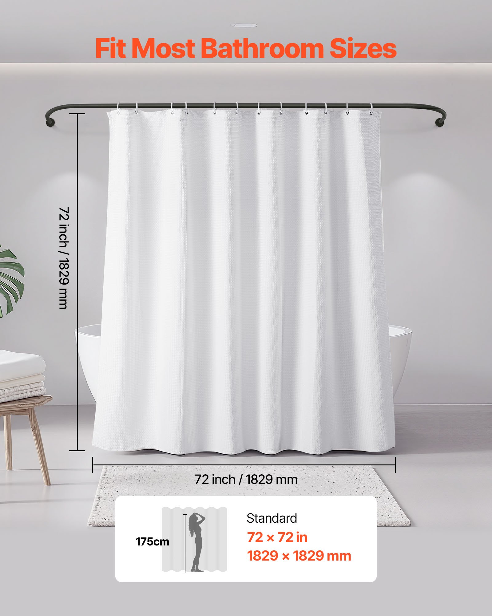 VEVOR White Fabric Shower Curtain, 240 GSM Weighted Waffle Shower Curtains, Polyester Curtain with Rust-Resistant Hooks, Machine Washable & Water Repellent, for Bathroom Showers, Bath Tubs, 72x72 in