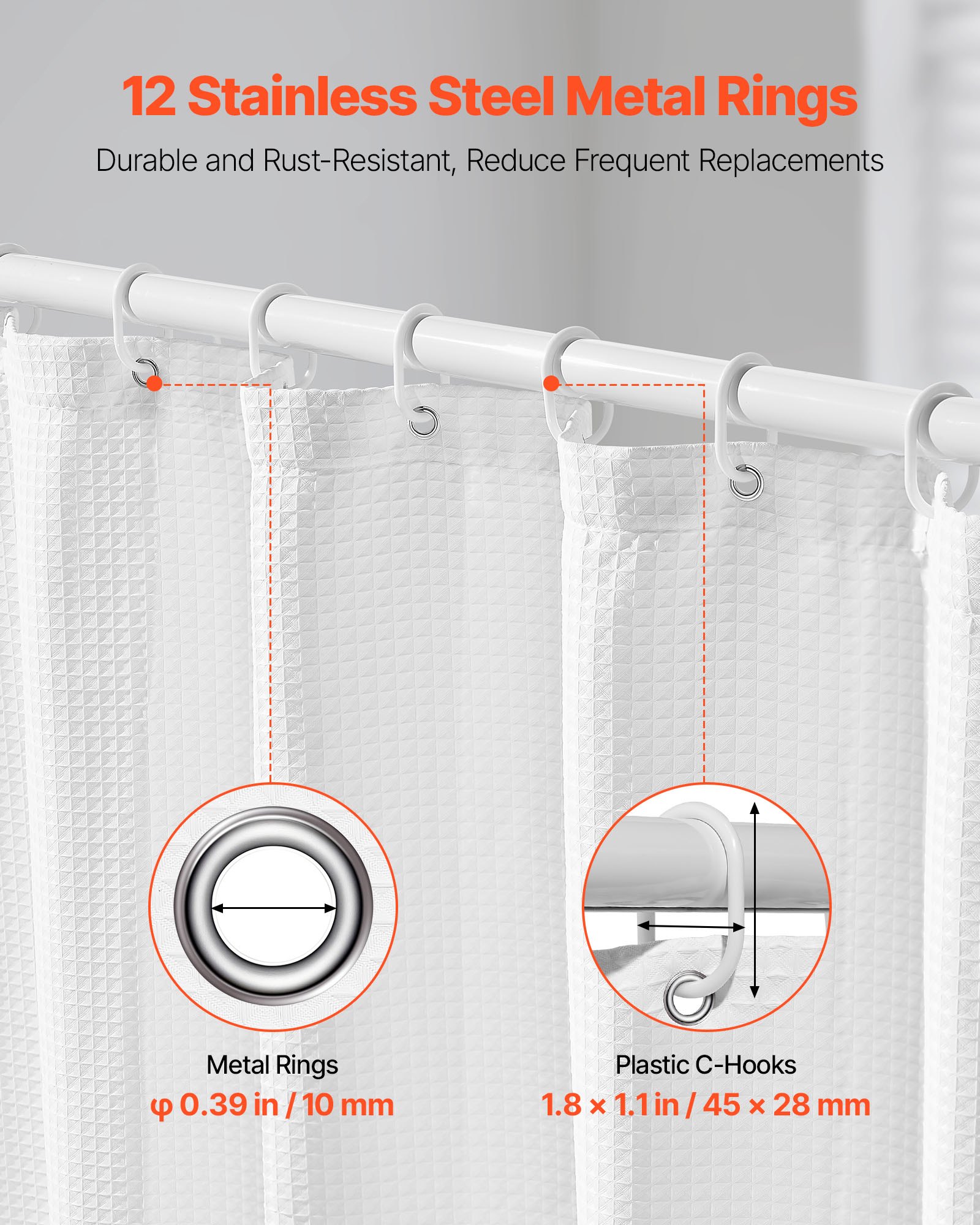 VEVOR White Fabric Shower Curtain, 240 GSM Weighted Waffle Shower Curtains, Polyester Curtain with Rust-Resistant Hooks, Machine Washable & Water Repellent, for Bathroom Showers, Bath Tubs, 72x72 in