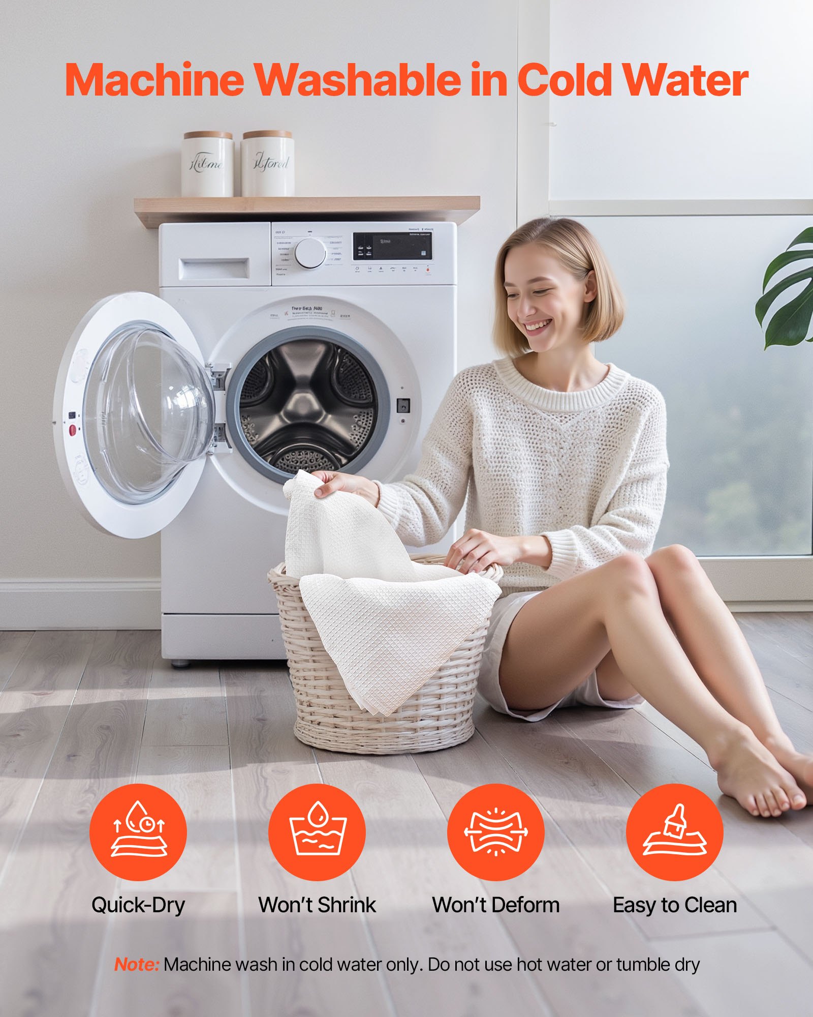 VEVOR White Fabric Shower Curtain, 240 GSM Weighted Waffle Shower Curtains, Polyester Curtain with Rust-Resistant Hooks, Machine Washable & Water Repellent, for Bathroom Showers, Bath Tubs, 72x72 in