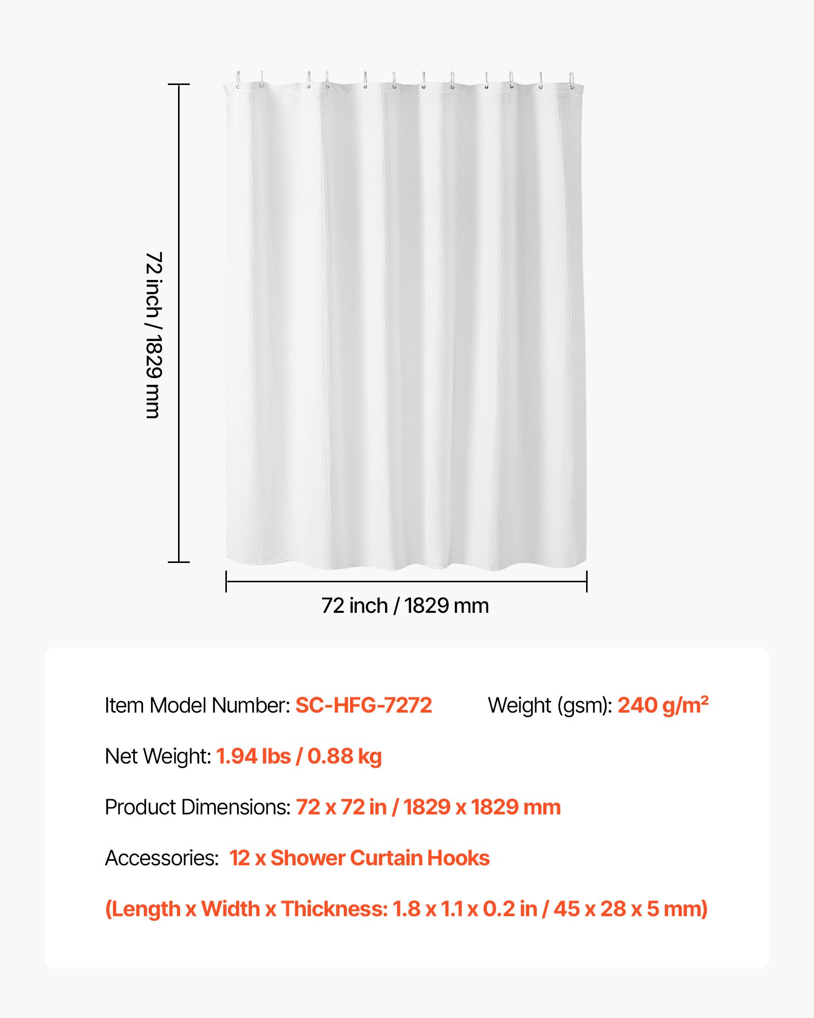 VEVOR White Fabric Shower Curtain, 240 GSM Weighted Waffle Shower Curtains, Polyester Curtain with Rust-Resistant Hooks, Machine Washable & Water Repellent, for Bathroom Showers, Bath Tubs, 72x72 in
