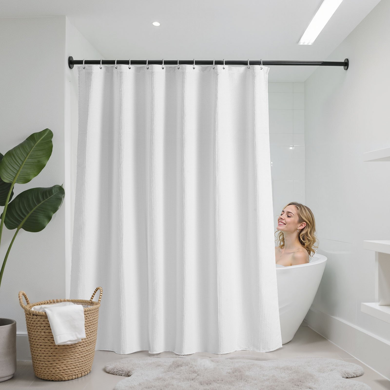 VEVOR White Fabric Shower Curtain, 240 GSM Weighted Waffle Shower Curtains, Polyester Curtain with Rust-Resistant Hooks, Machine Washable & Water Repellent, for Bathroom Showers, Bath Tubs, 72x72 in