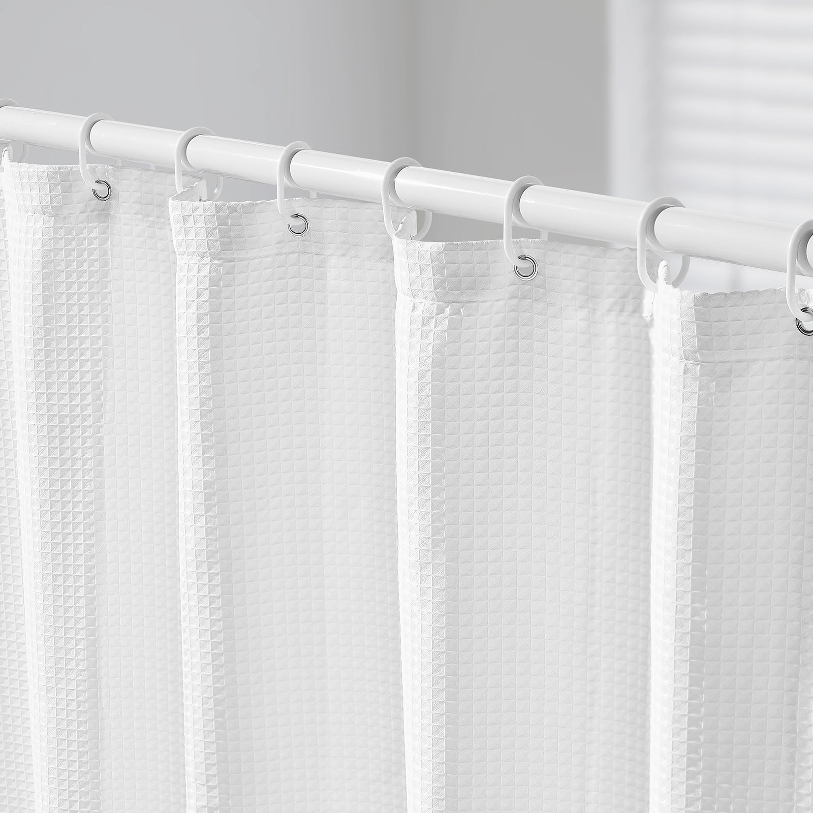 VEVOR White Fabric Shower Curtain, 240 GSM Weighted Waffle Shower Curtains, Polyester Curtain with Rust-Resistant Hooks, Machine Washable & Water Repellent, for Bathroom Showers, Bath Tubs, 72x72 in