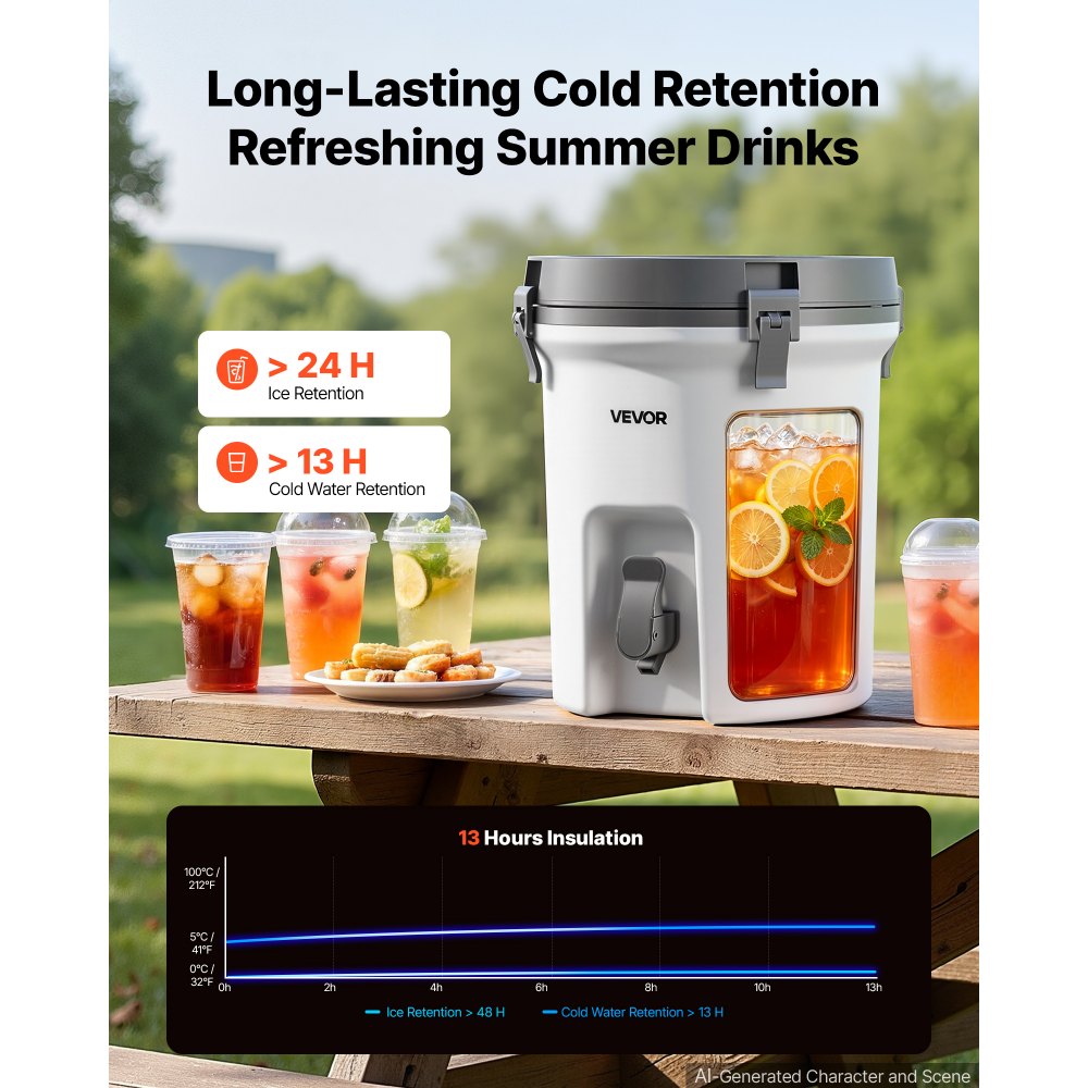 VEVOR Insulated Beverage Dispenser 7.5 Liters Hot and Cold Beverage Server, for Camping Outdoor Events Parties, Leakproof Ice Water Drink Cooler, with Easy Pour Spigot, Latched Lid, Portable Handle