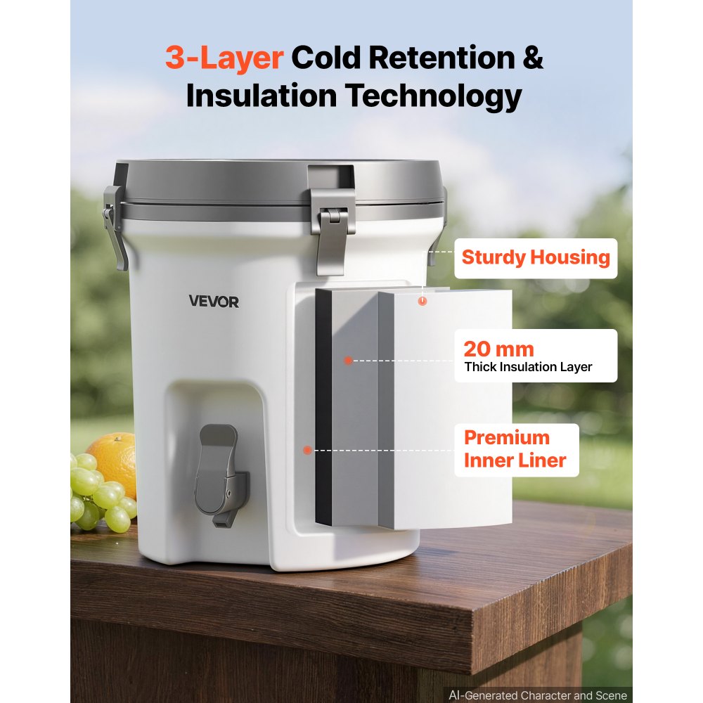 VEVOR Insulated Beverage Dispenser 7.5 Liters Hot and Cold Beverage Server, for Camping Outdoor Events Parties, Leakproof Ice Water Drink Cooler, with Easy Pour Spigot, Latched Lid, Portable Handle