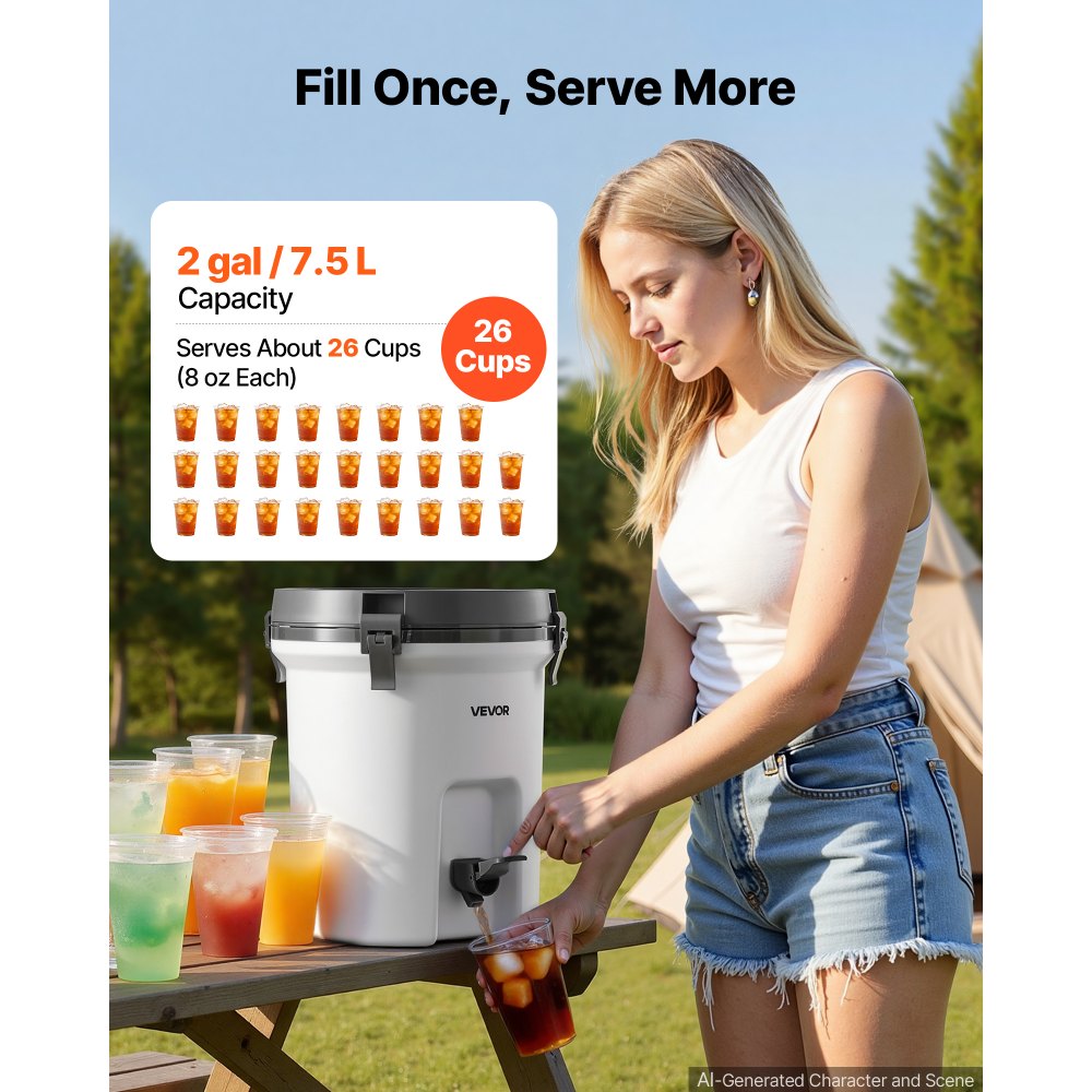 VEVOR Insulated Beverage Dispenser 7.5 Liters Hot and Cold Beverage Server, for Camping Outdoor Events Parties, Leakproof Ice Water Drink Cooler, with Easy Pour Spigot, Latched Lid, Portable Handle
