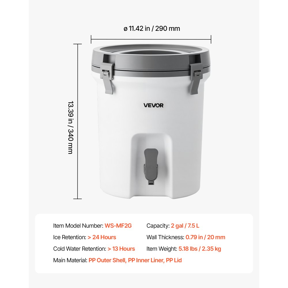 VEVOR Insulated Beverage Dispenser 7.5 Liters Hot and Cold Beverage Server, for Camping Outdoor Events Parties, Leakproof Ice Water Drink Cooler, with Easy Pour Spigot, Latched Lid, Portable Handle
