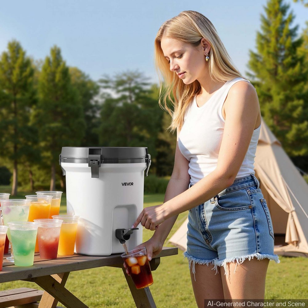 VEVOR Insulated Beverage Dispenser 7.5 Liters Hot and Cold Beverage Server, for Camping Outdoor Events Parties, Leakproof Ice Water Drink Cooler, with Easy Pour Spigot, Latched Lid, Portable Handle