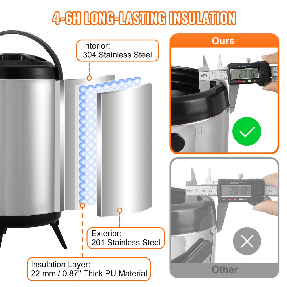 VEVOR beverage dispenser with 4-6h insulation, 304 stainless steel interior, and 201 stainless steel exterior.
