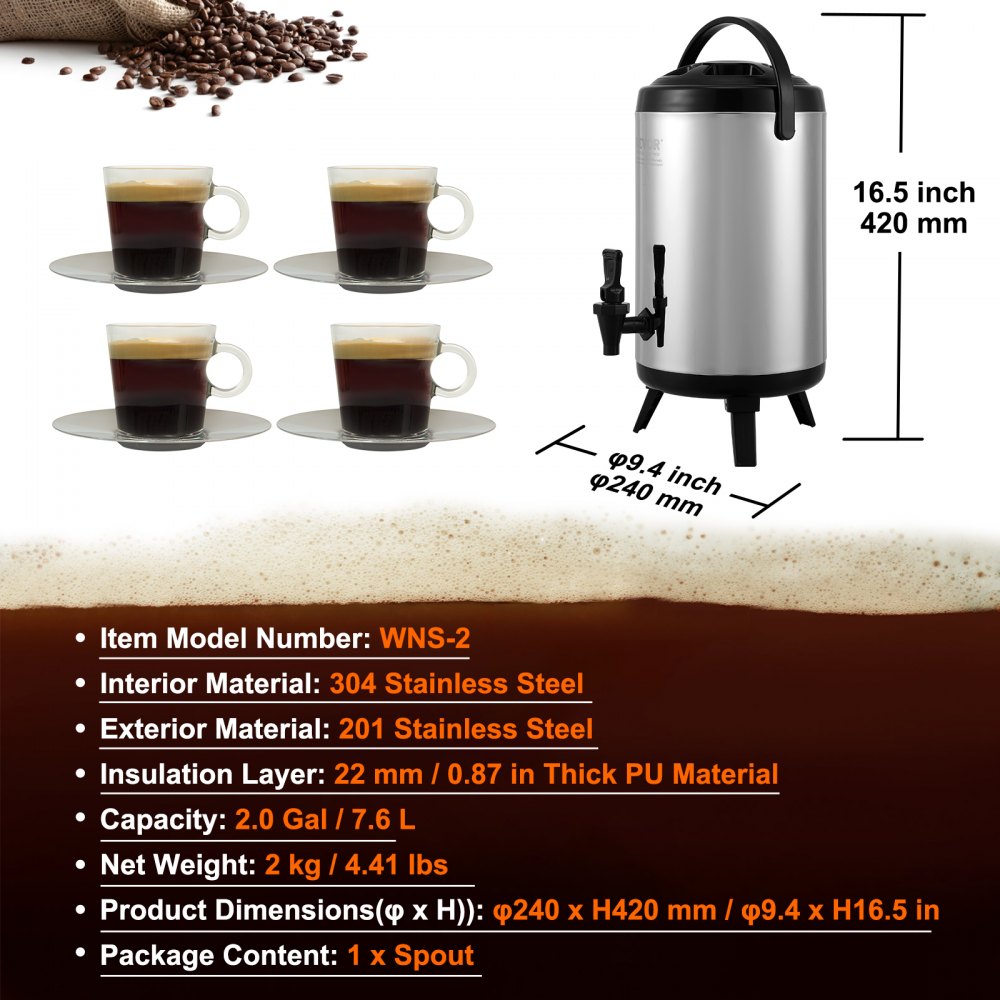 VEVOR beverage dispenser with four cups of coffee, detailed specs, stainless steel material, 2.0 gal capacity.