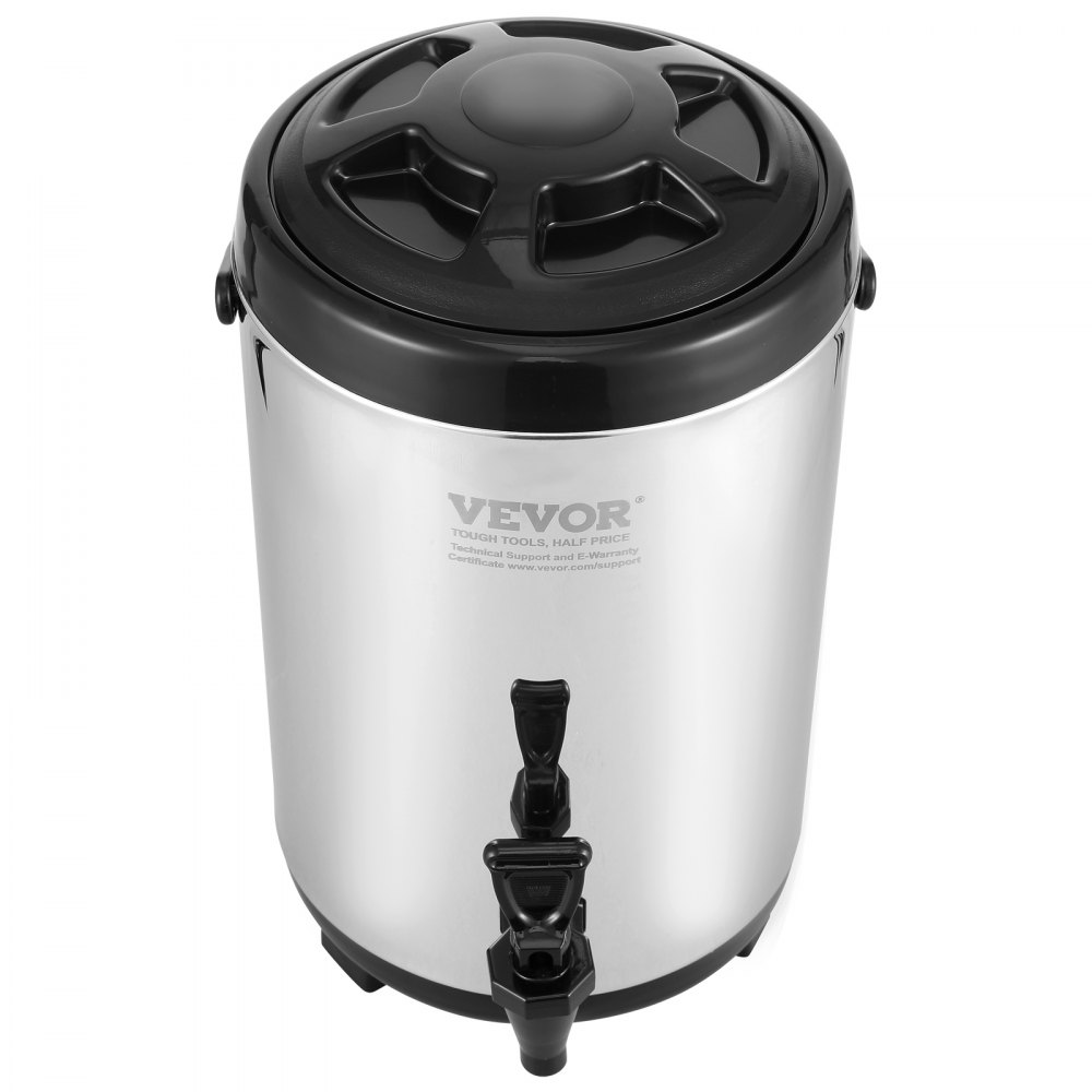 VEVOR beverage dispenser with a black lid and silver body, featuring two spigots for dispensing drinks.
