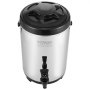 VEVOR beverage dispenser with a black lid and silver body, featuring two spigots for dispensing drinks.