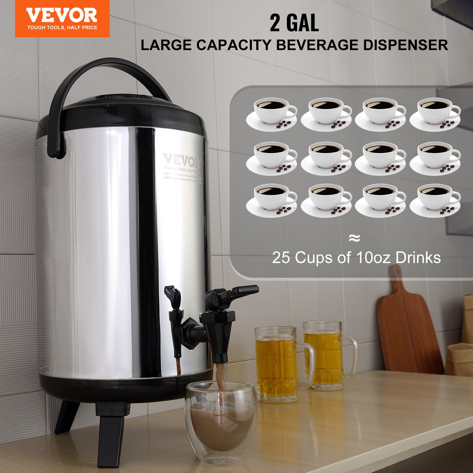 VEVOR 2-gallon beverage dispenser on a kitchen counter, serving 25 cups of 10oz drinks.
