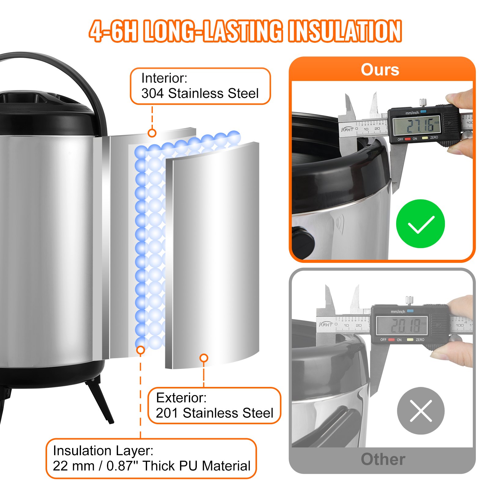 VEVOR beverage dispenser with 4-6h insulation, 304 stainless steel interior, and 201 stainless steel exterior.