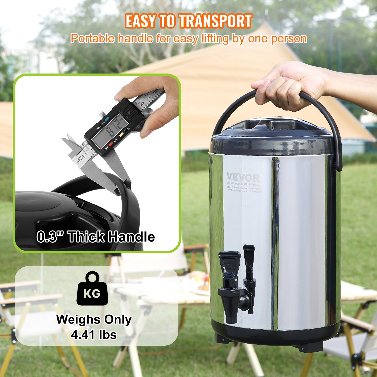 VEVOR beverage dispenser with 0.3&quot; thick handle, weighs 4.41 lbs, easy to transport for outdoor use.