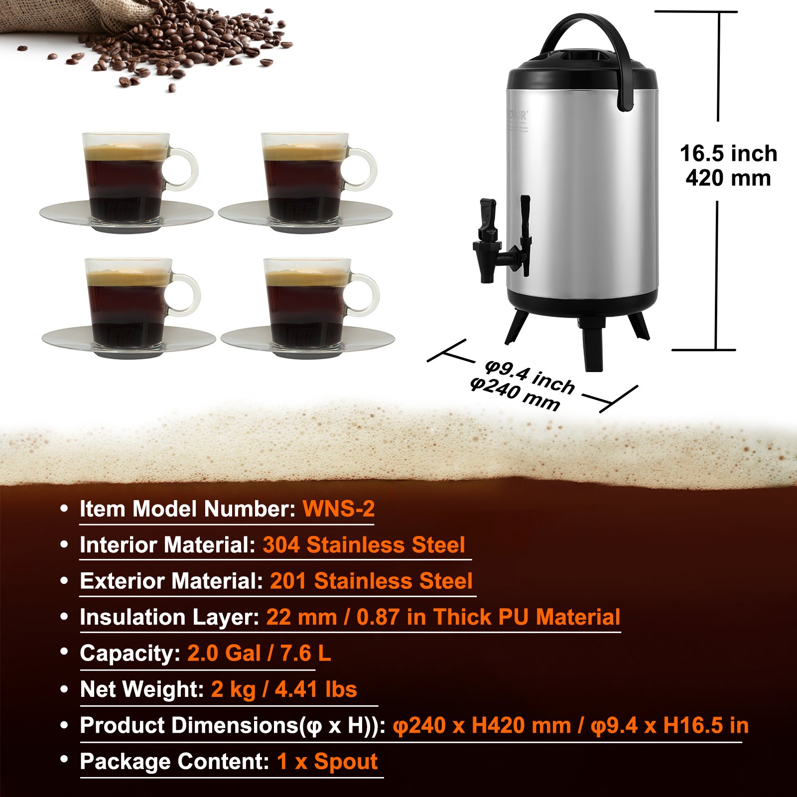 VEVOR beverage dispenser with four cups of coffee, detailed specs, stainless steel material, 2.0 gal capacity.