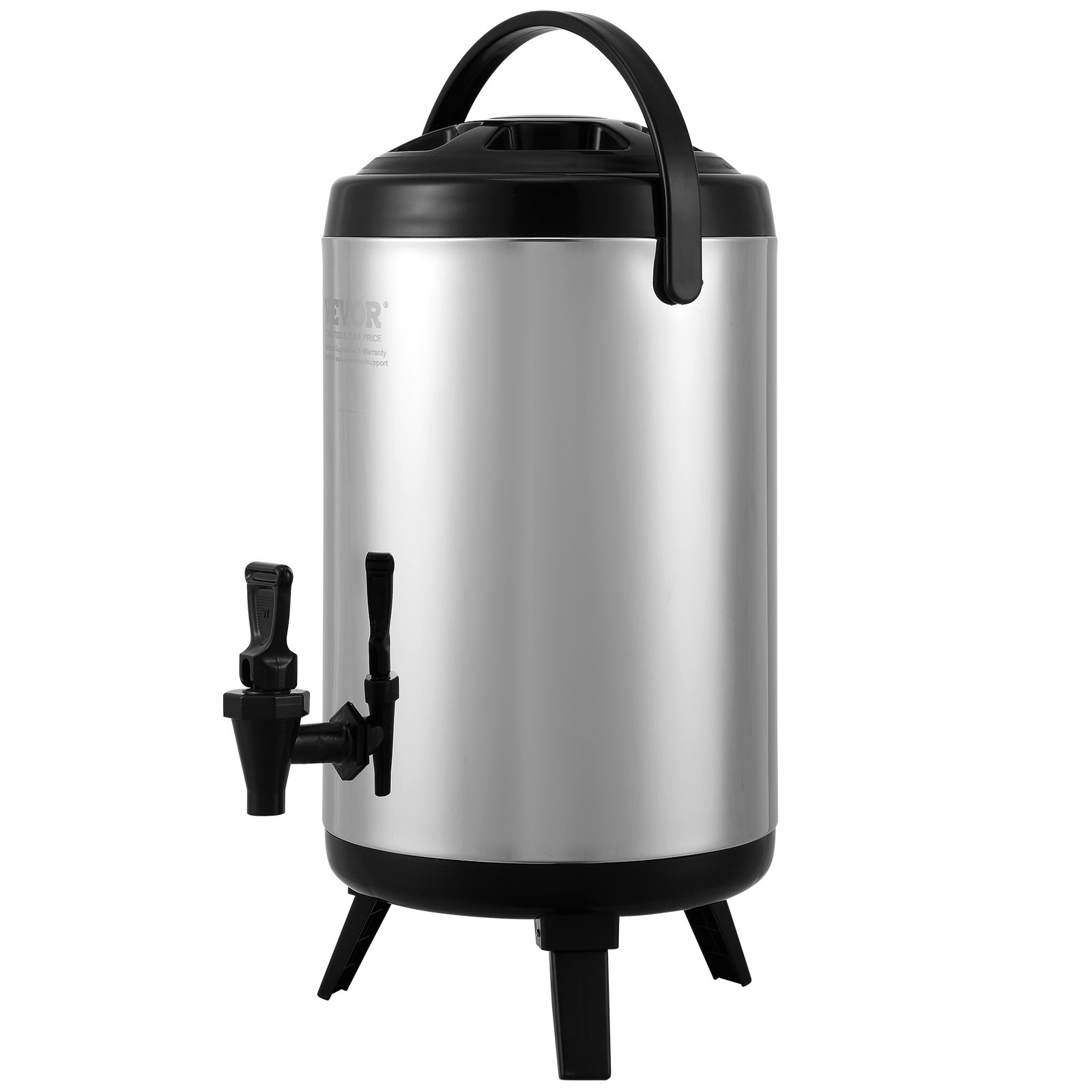 VEVOR beverage dispenser, stainless steel with black handles and legs, featuring dual spouts.