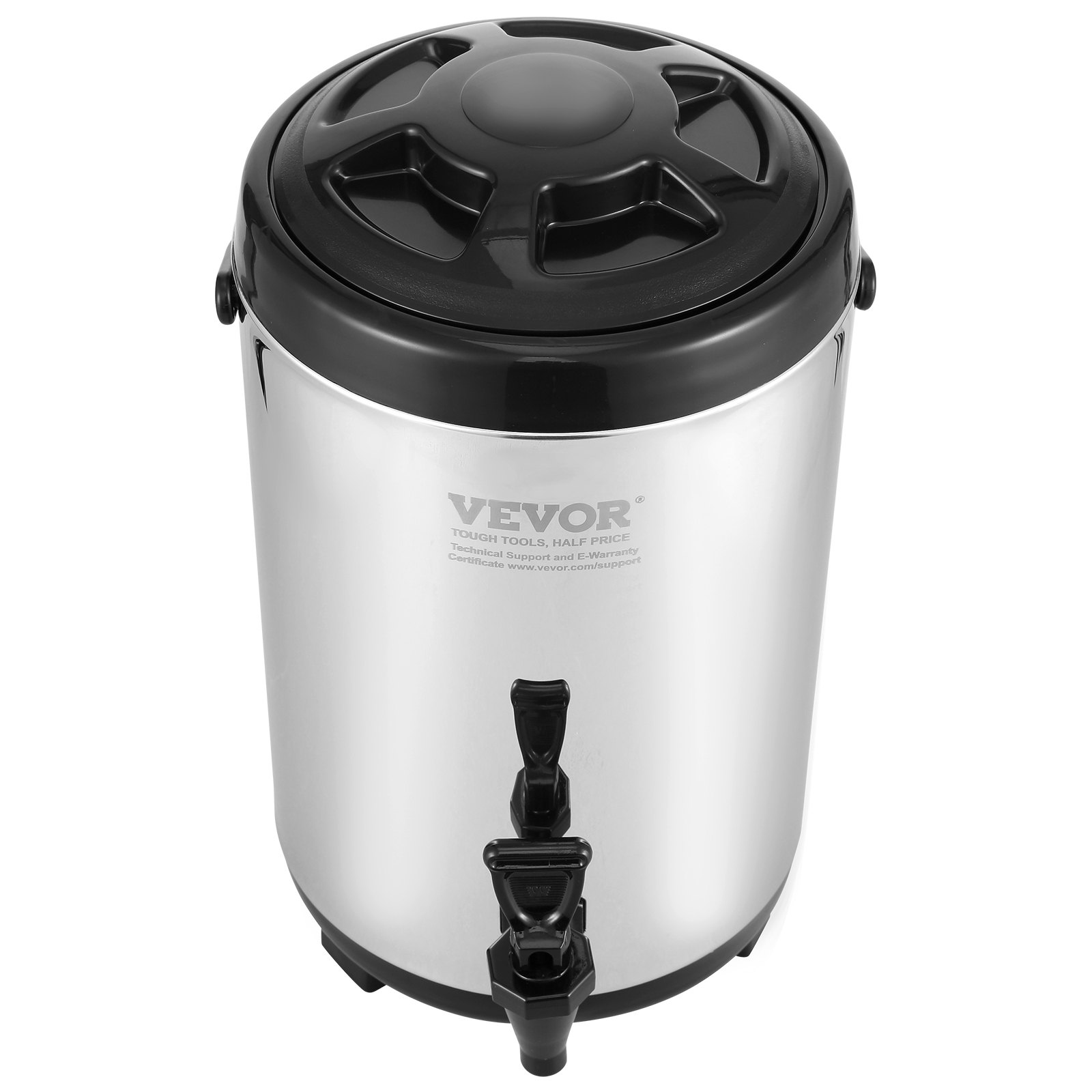 VEVOR beverage dispenser with a black lid and silver body, featuring two spigots for dispensing drinks.