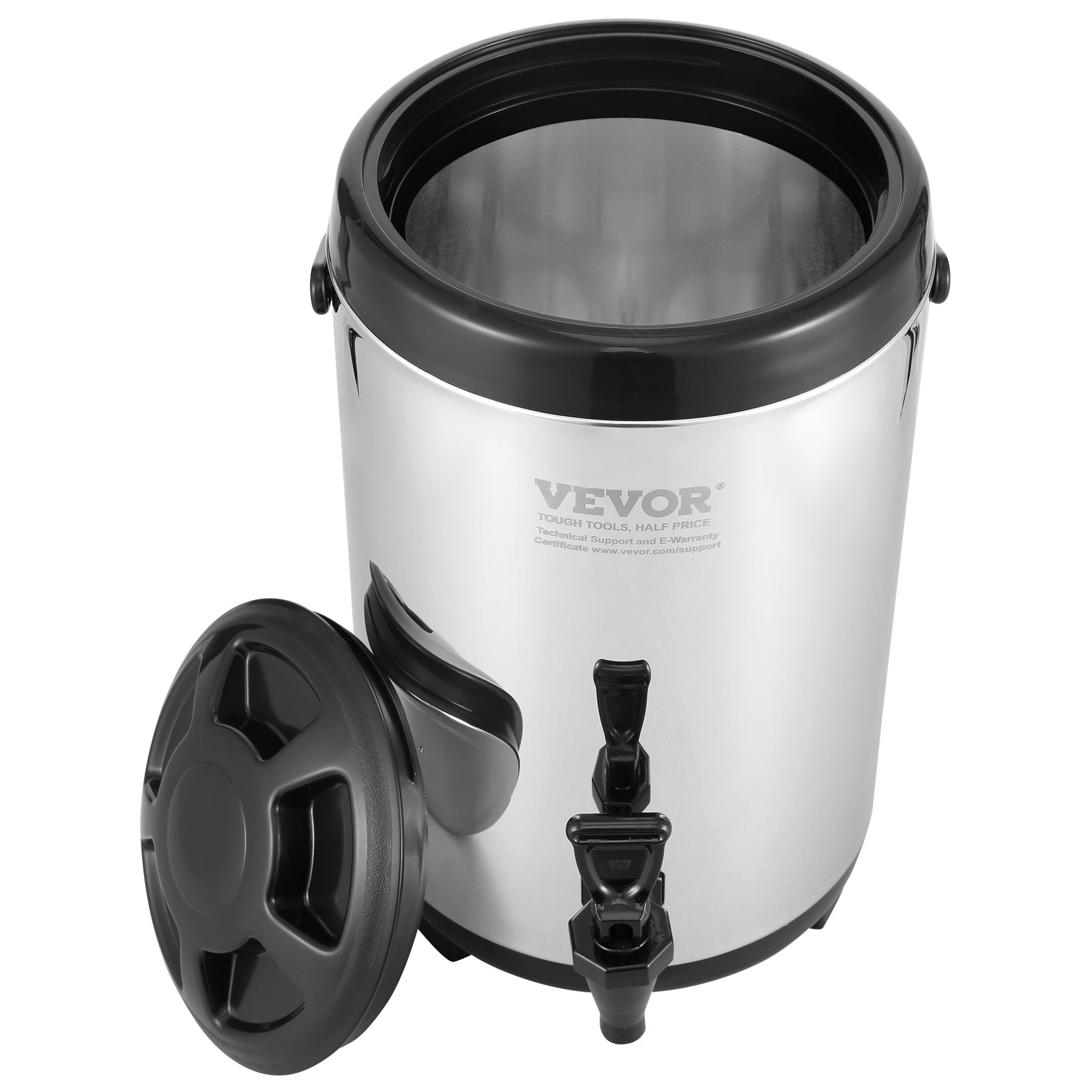 VEVOR beverage dispenser with stainless steel body, black lid, and dual spout.