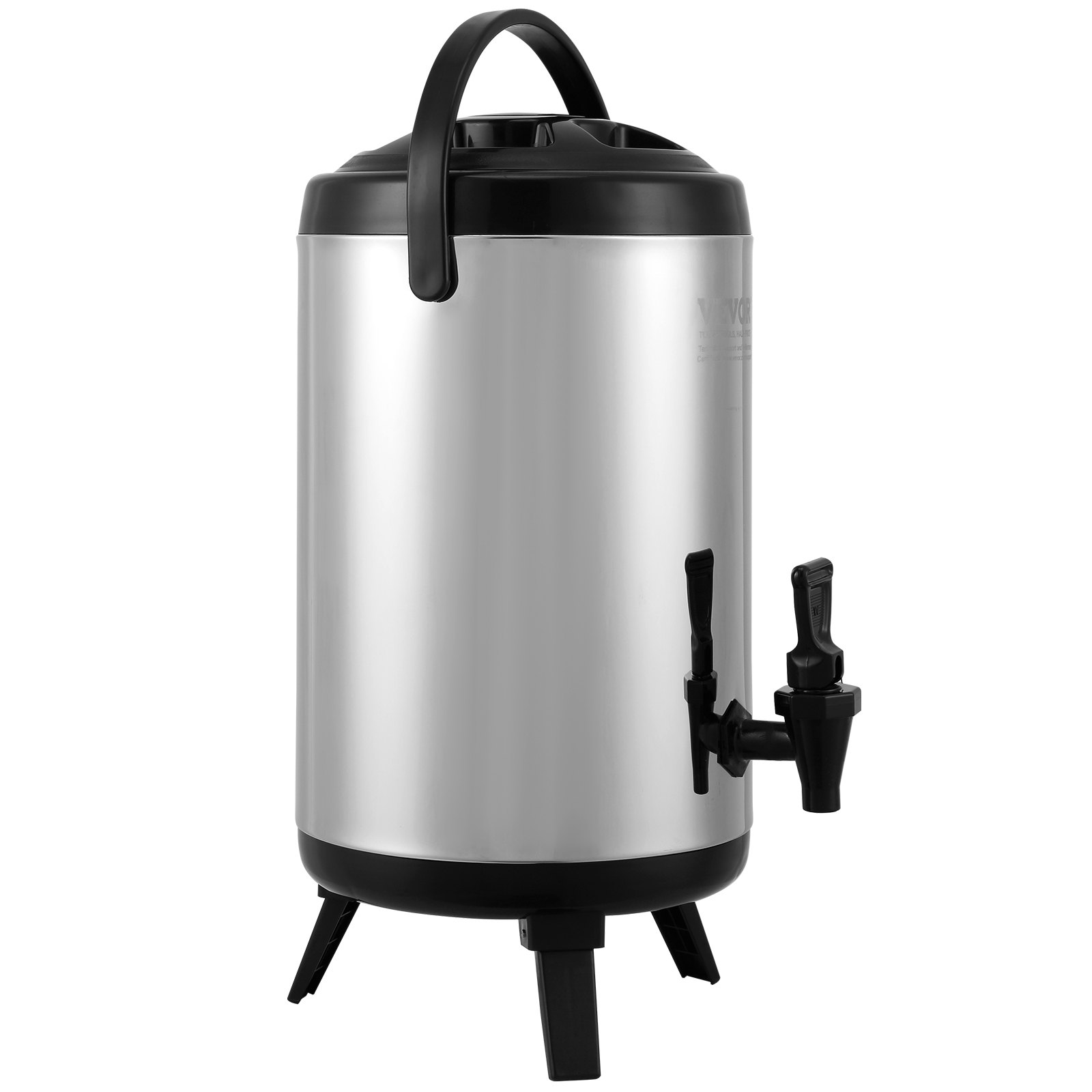 VEVOR beverage dispenser with a stainless steel body, black handles, and dual spouts on a sturdy base.
