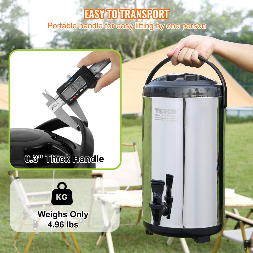 VEVOR stainless steel beverage dispenser with a portable handle, weighs only 4.96 lbs, 0.3&quot; thick handle.