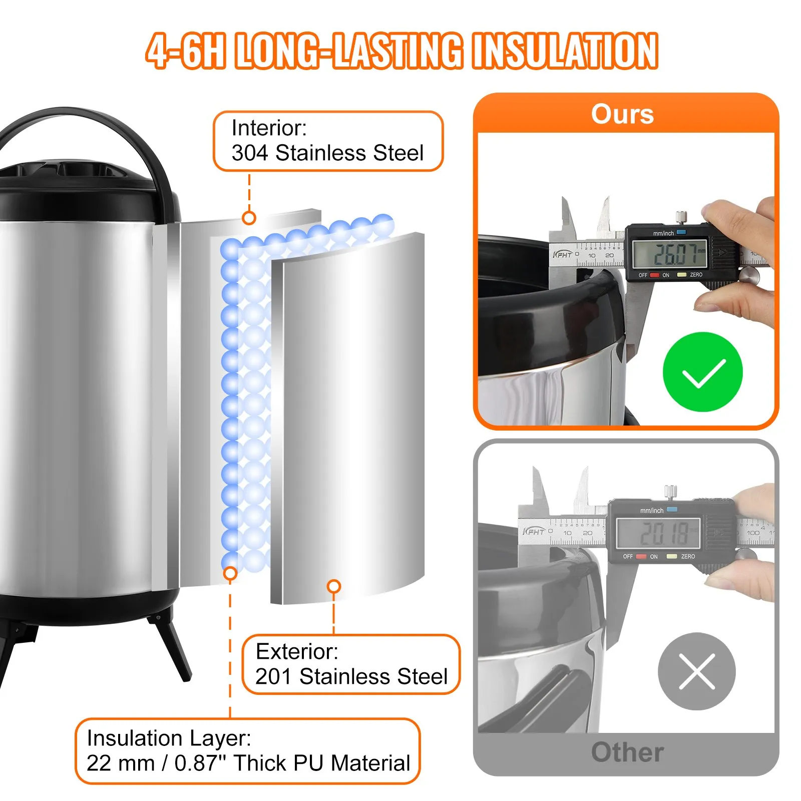 VEVOR stainless steel beverage dispenser with 304 stainless steel interior, 201 exterior, and thick pu insulation.