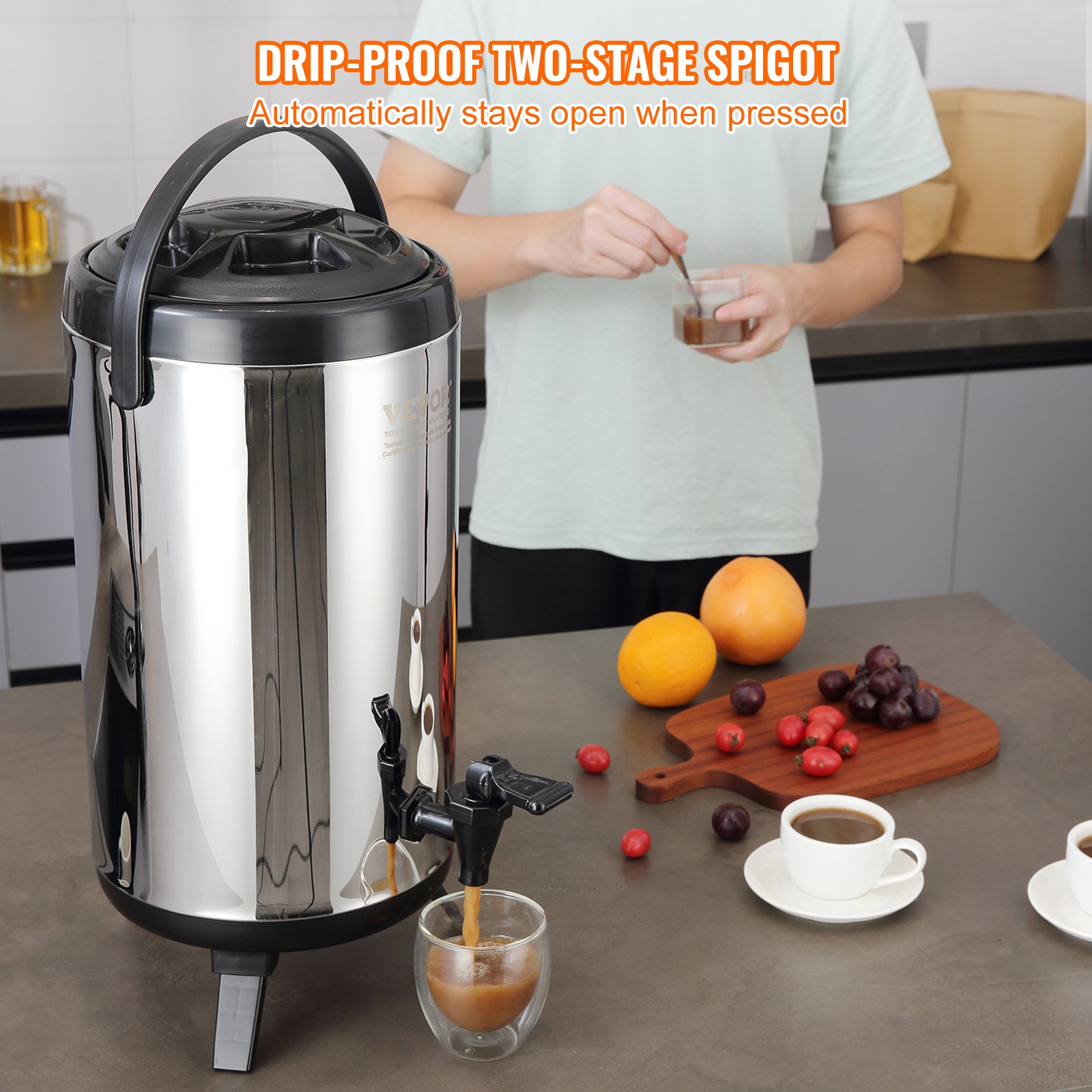 person using VEVOR stainless steel beverage dispenser with two-stage spigot in a kitchen setting.