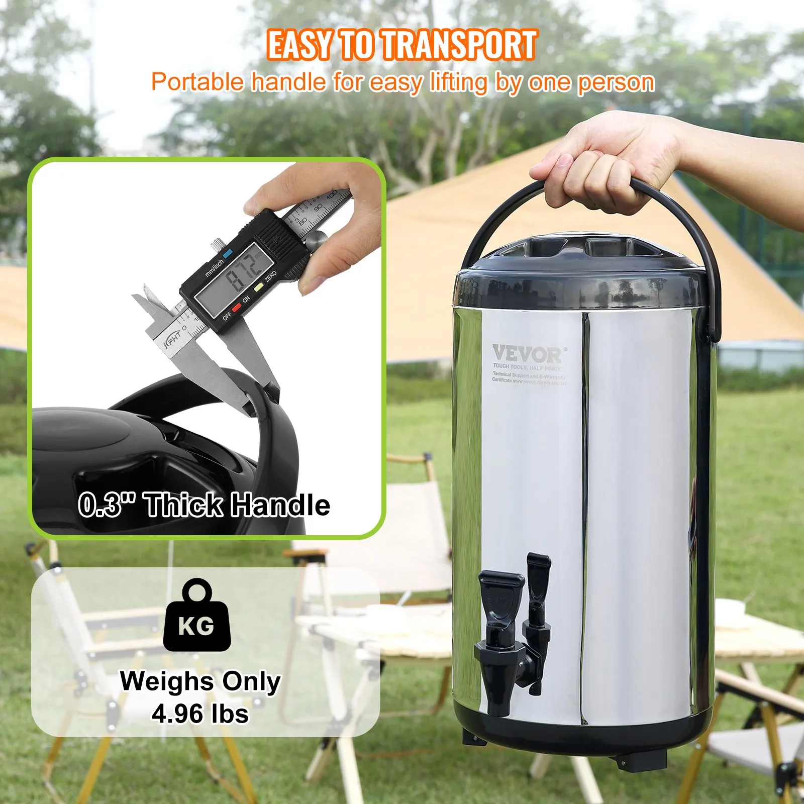 VEVOR stainless steel beverage dispenser with a portable handle, weighs only 4.96 lbs, 0.3&quot; thick handle.