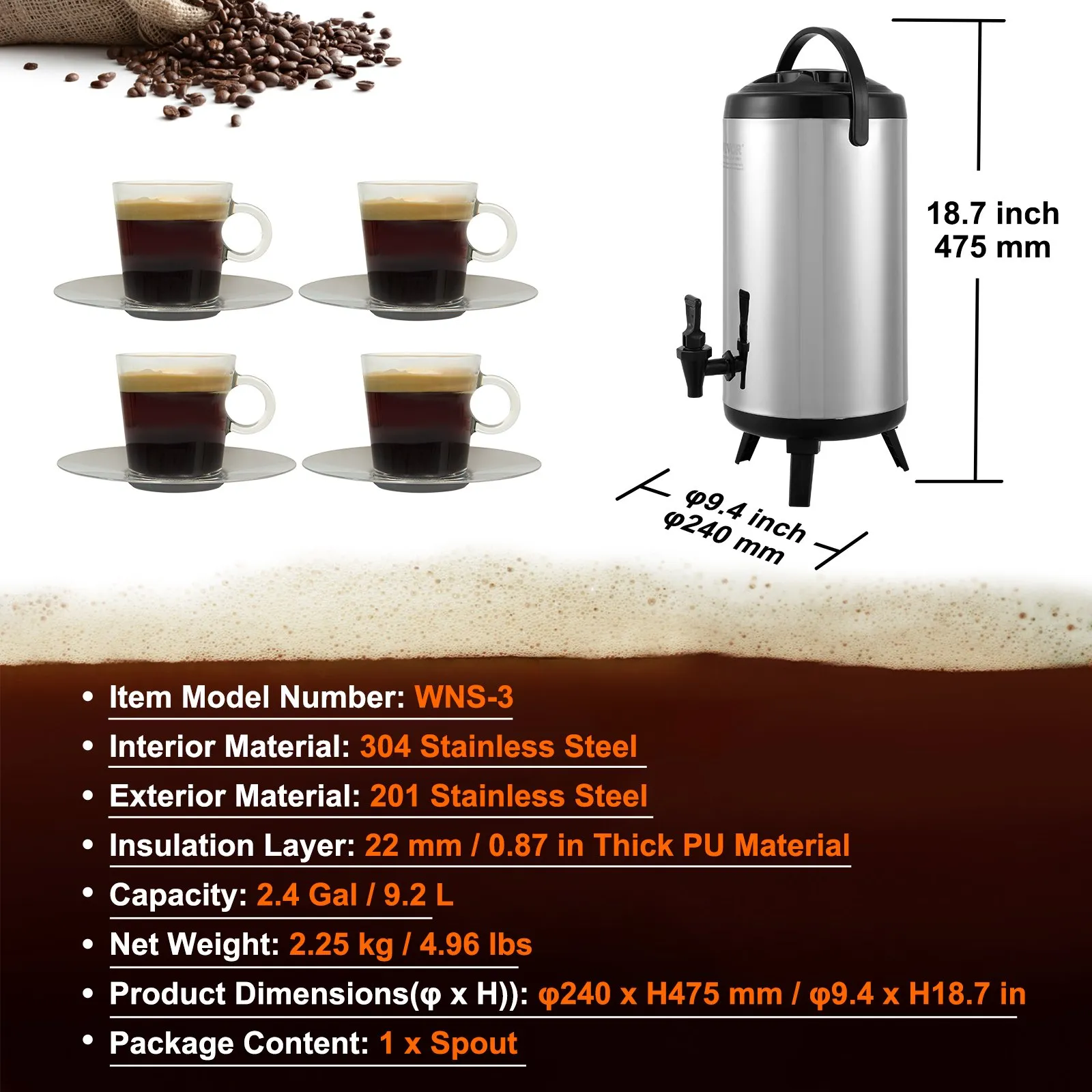 VEVOR stainless steel beverage dispenser with four coffee cups, capacity 2.4 gallons, 304 stainless steel.
