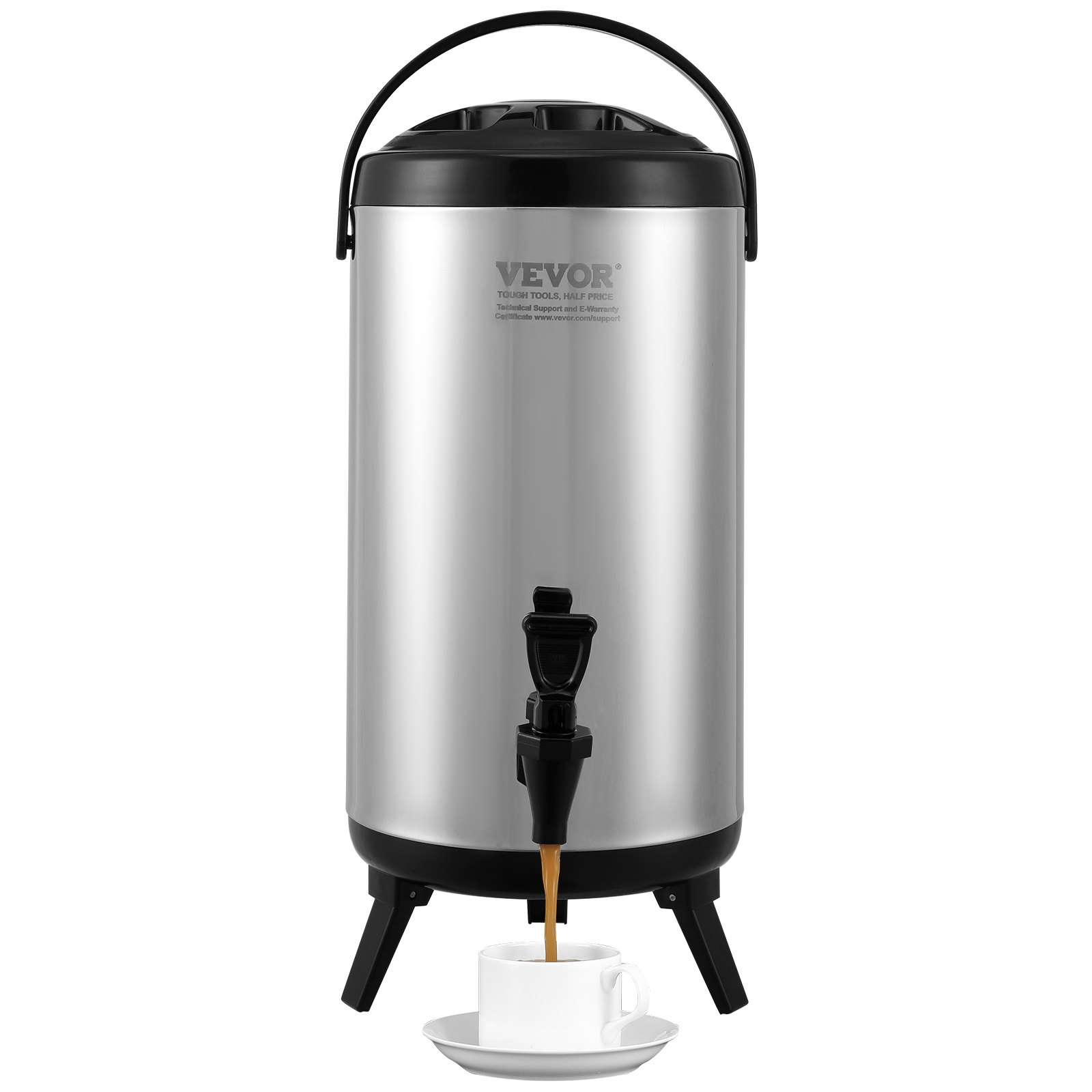 VEVOR stainless steel beverage dispenser pouring coffee into a white cup on a saucer.