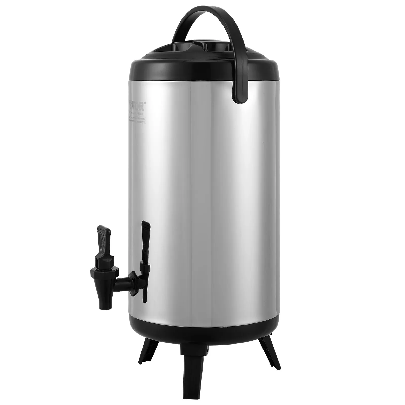 VEVOR stainless steel beverage dispenser with black handles and sturdy tripod base.