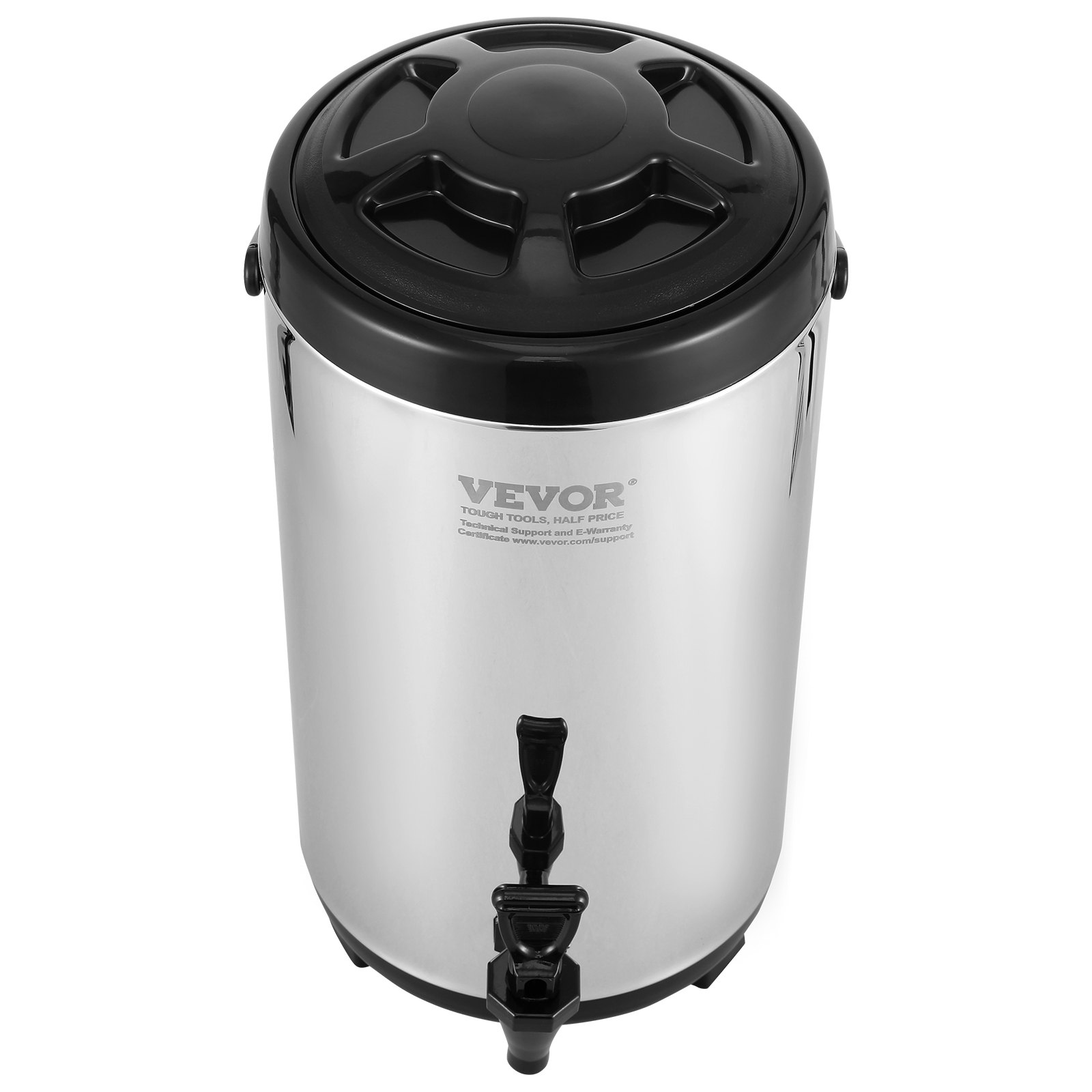 VEVOR stainless steel beverage dispenser with black lid and tap, ideal for events and catering.