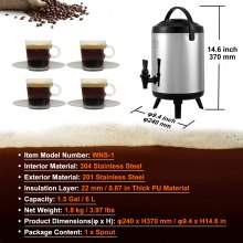 VEVOR rustfrit stål isoleret drikkevaredispenser, 1,5 gallon 6 liter, termisk serveringsautomat for varme og kolde drikke med studshåndtag, fødevaregodkendt til varm te Kaffe Vand Restaurant Drikkebutik