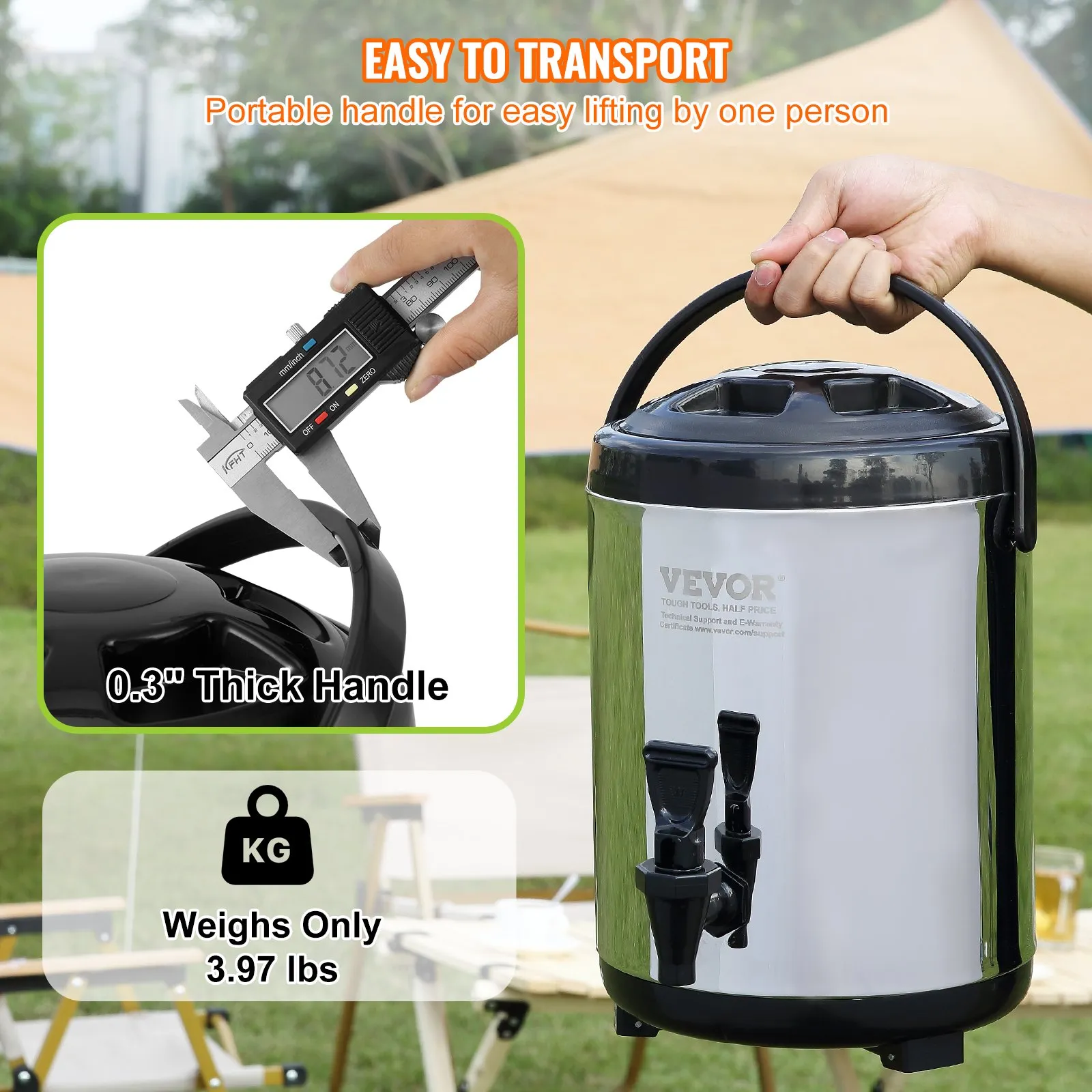 VEVOR stainless steel beverage dispenser with 0.3&quot; thick handle, easy to transport, weighs 3.97 lbs.