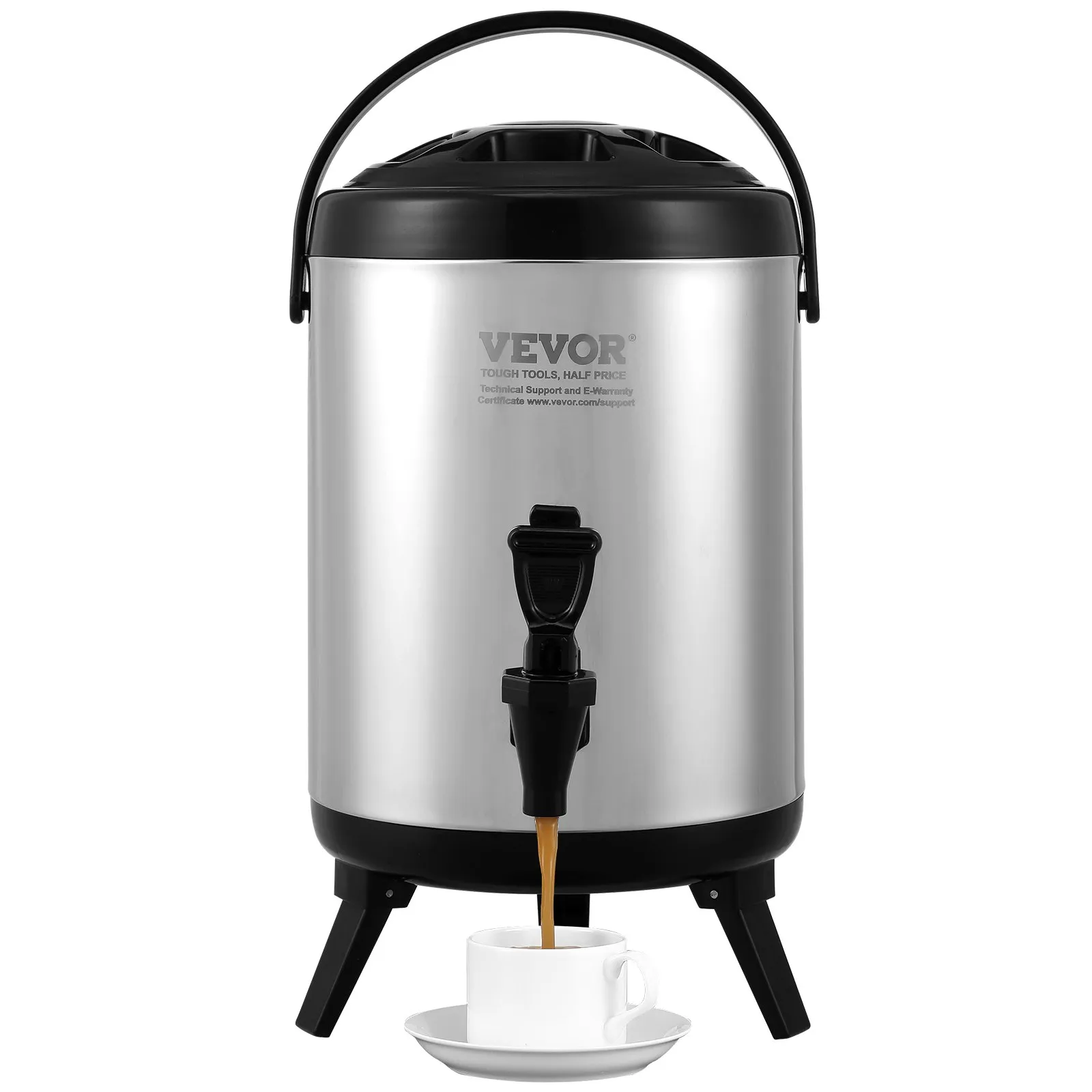 VEVOR stainless steel beverage dispenser, pouring coffee into a white cup on a small saucer.