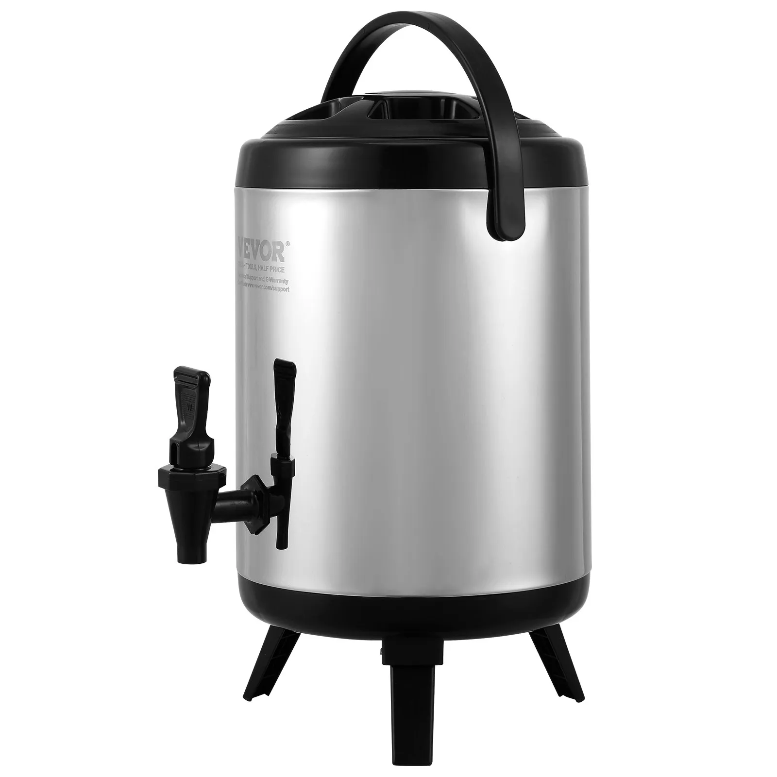 VEVOR stainless steel beverage dispenser with black handles and stand, perfect for events and parties.