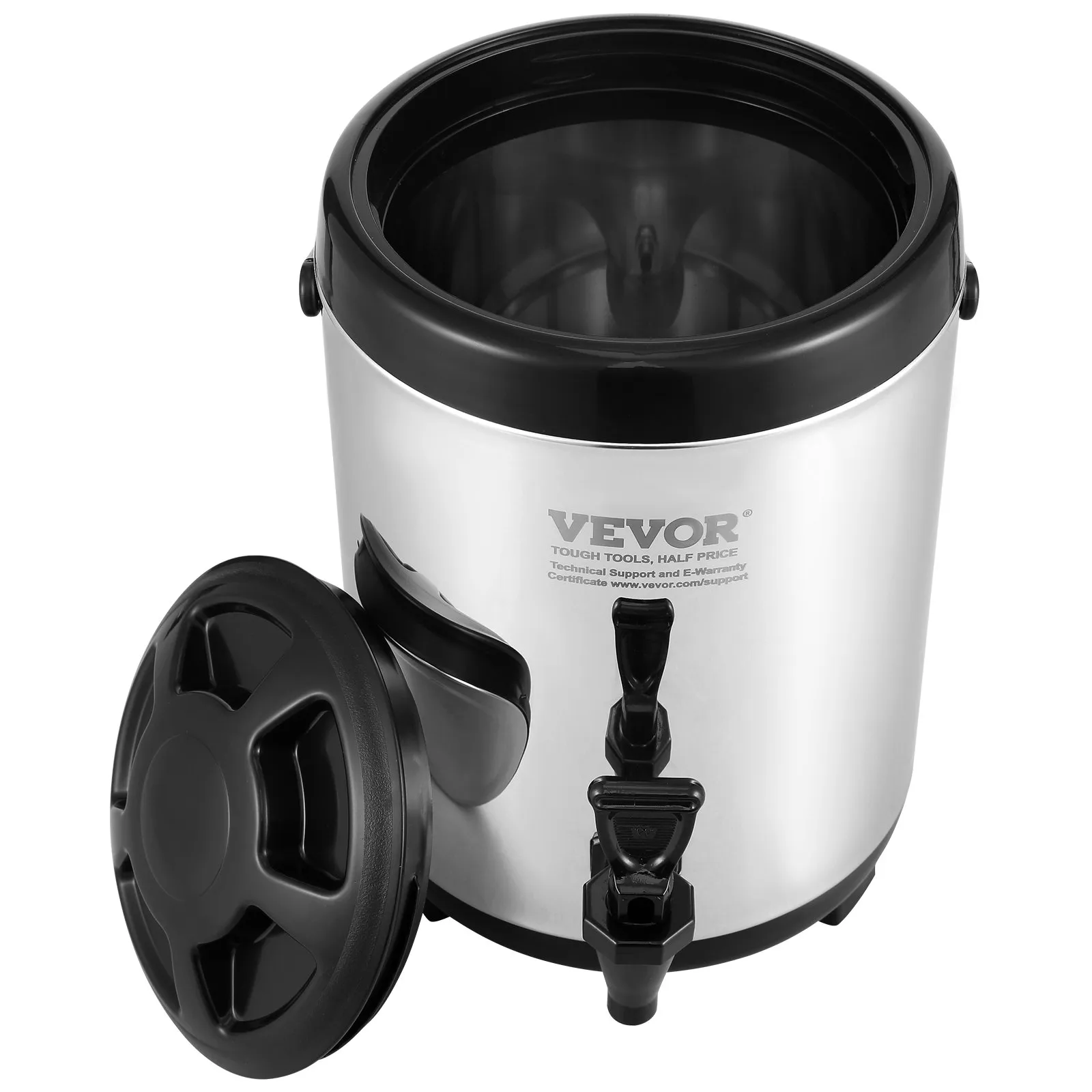 VEVOR stainless steel beverage dispenser with handle and spigot, black and silver design.