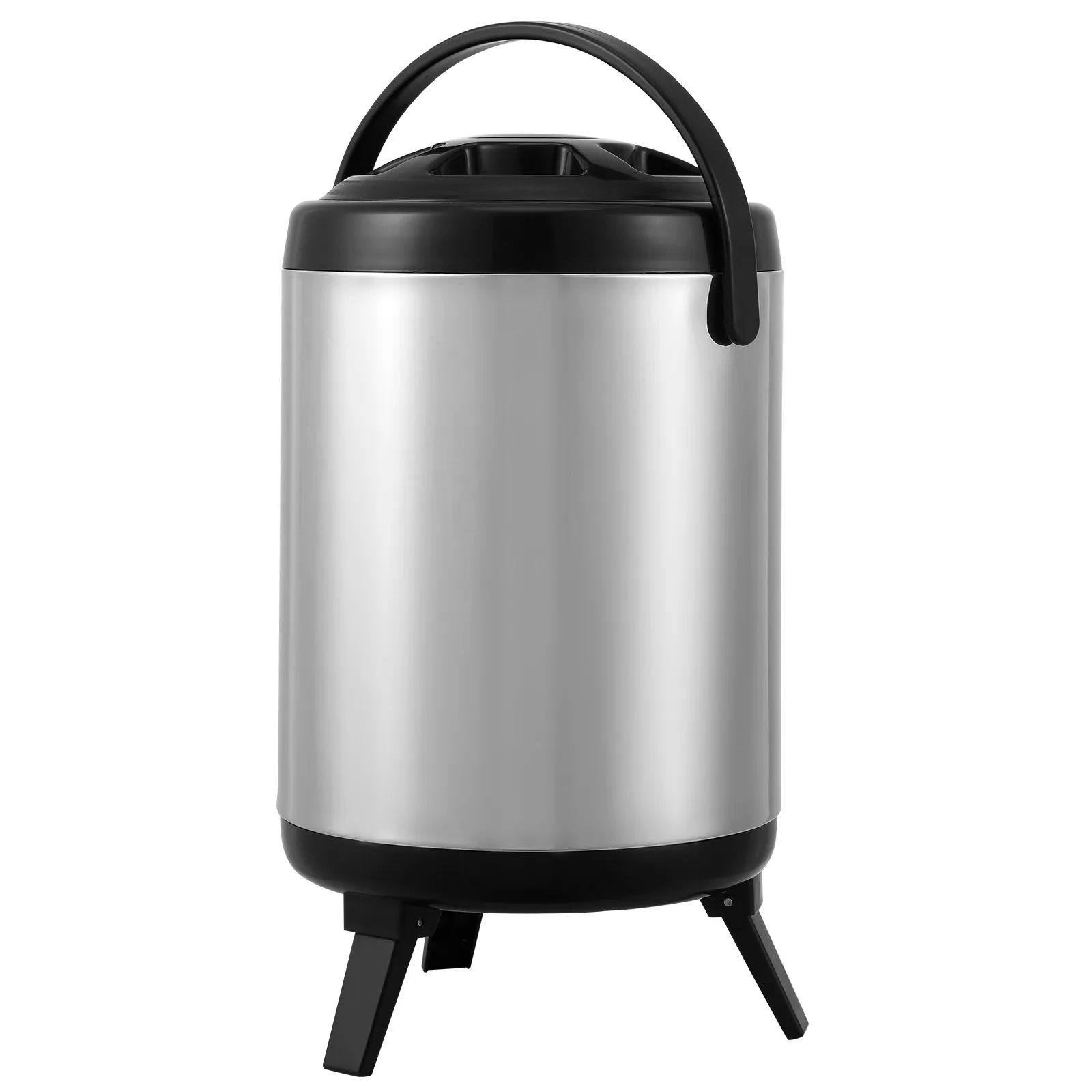 VEVOR stainless steel beverage dispenser with black lid and handle, and sturdy base legs.