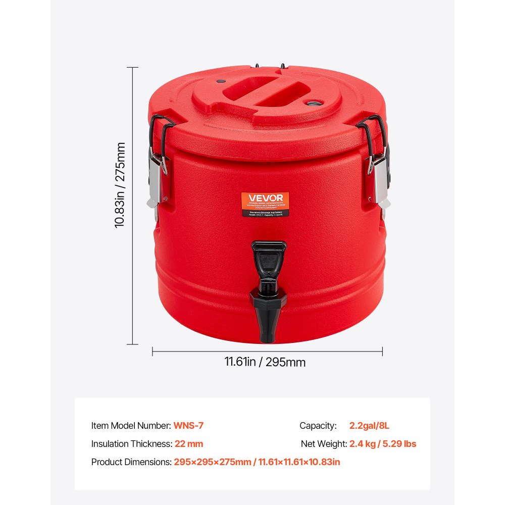 VEVOR Insulated Beverage Dispenser, 2.2 Gal/8L Thermal Hot and Cold Drink Server Dispenser with Spigot, Food-Grade Cooler Jug with 304 Stainless Steel Interior, for Tea Coffee Restaurant Outdoor