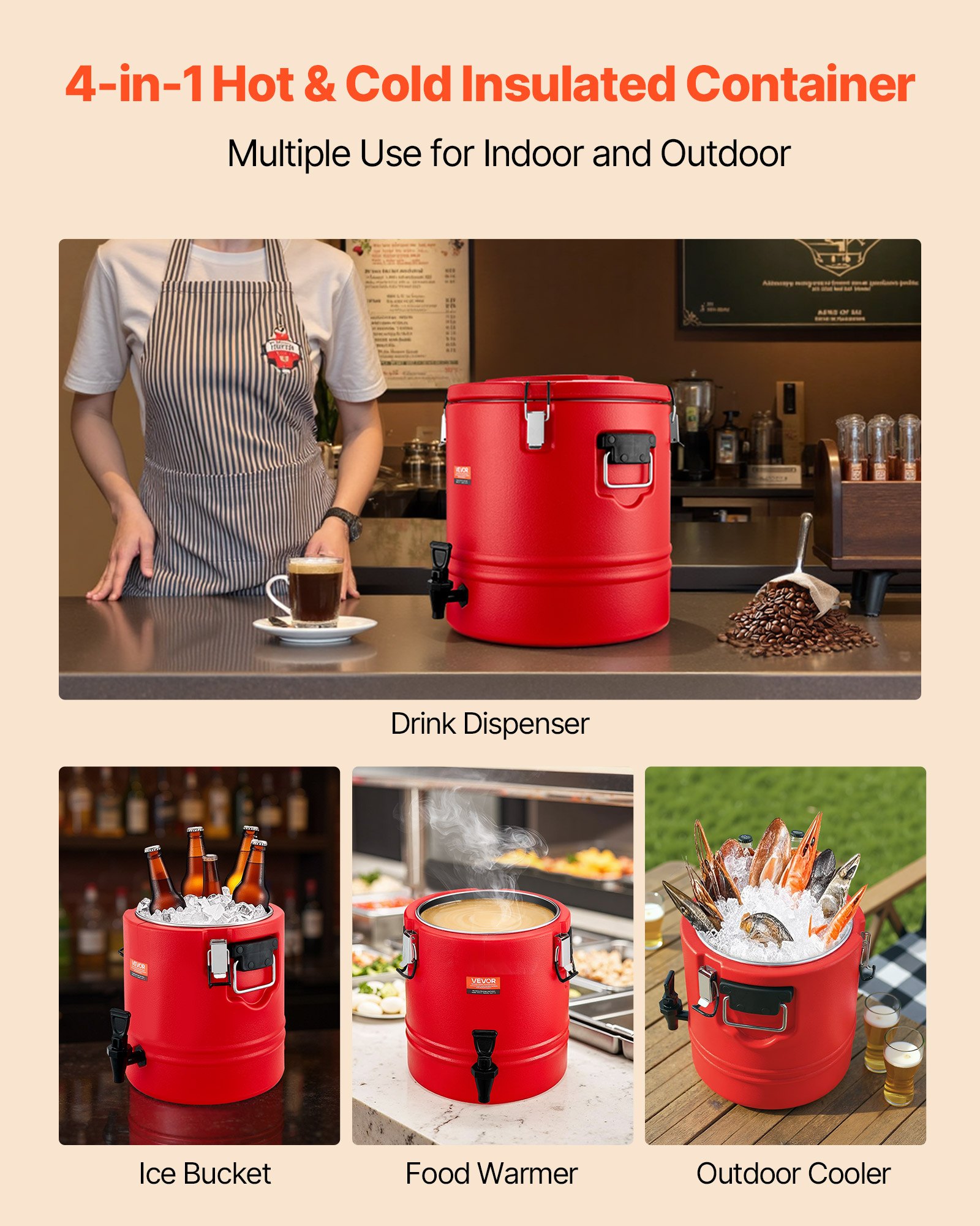 VEVOR Insulated Beverage Dispenser, 8 Gal/30.3L Thermal Hot and Cold Drink Server Dispenser with Spigot, Food-Grade Cooler Jug with 304 Stainless Steel Interior, for Tea Coffee Restaurant Outdoor