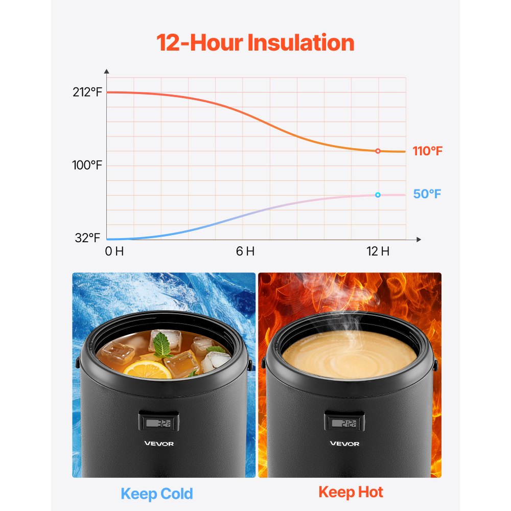 VEVOR Insulated Beverage Dispenser, 3.2 Gal/12L Stainless Steel Thermal Drink Server with Spigot & Temp Display, Suitable for Hot and Cold Drinks, for Tea Coffee Water in Cafes & Restaurants, Black