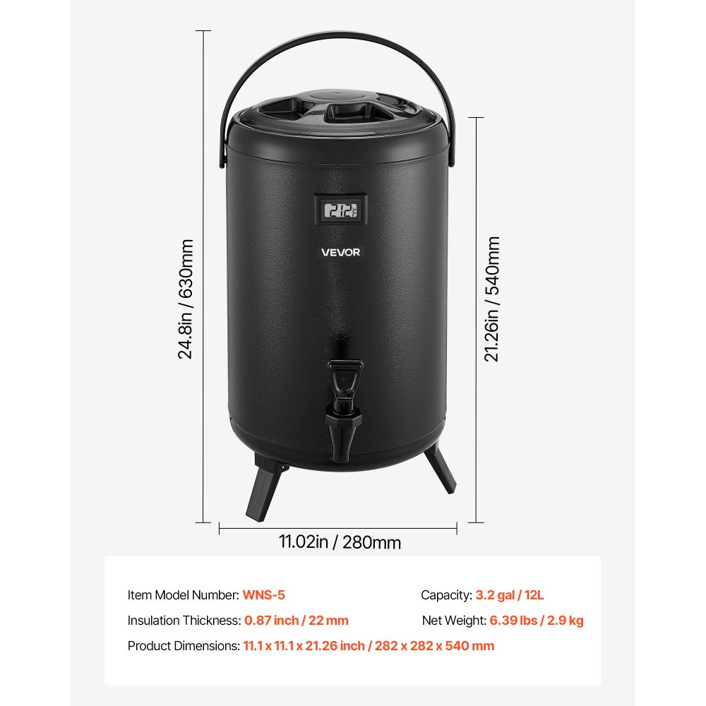 VEVOR Insulated Beverage Dispenser, 3.2 Gal/12L Stainless Steel Thermal Drink Server with Spigot & Temp Display, Suitable for Hot and Cold Drinks, for Tea Coffee Water in Cafes & Restaurants, Black