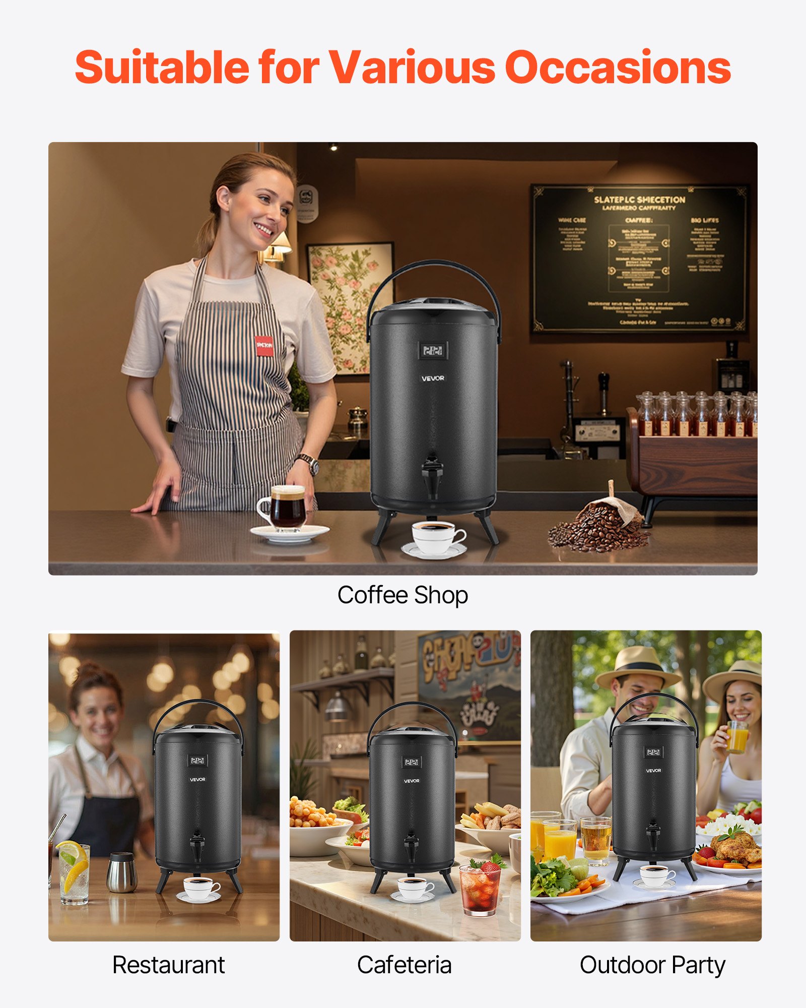 VEVOR Insulated Beverage Dispenser, 3.2 Gal/12L Stainless Steel Thermal Drink Server with Spigot & Temp Display, Suitable for Hot and Cold Drinks, for Tea Coffee Water in Cafes & Restaurants, Black