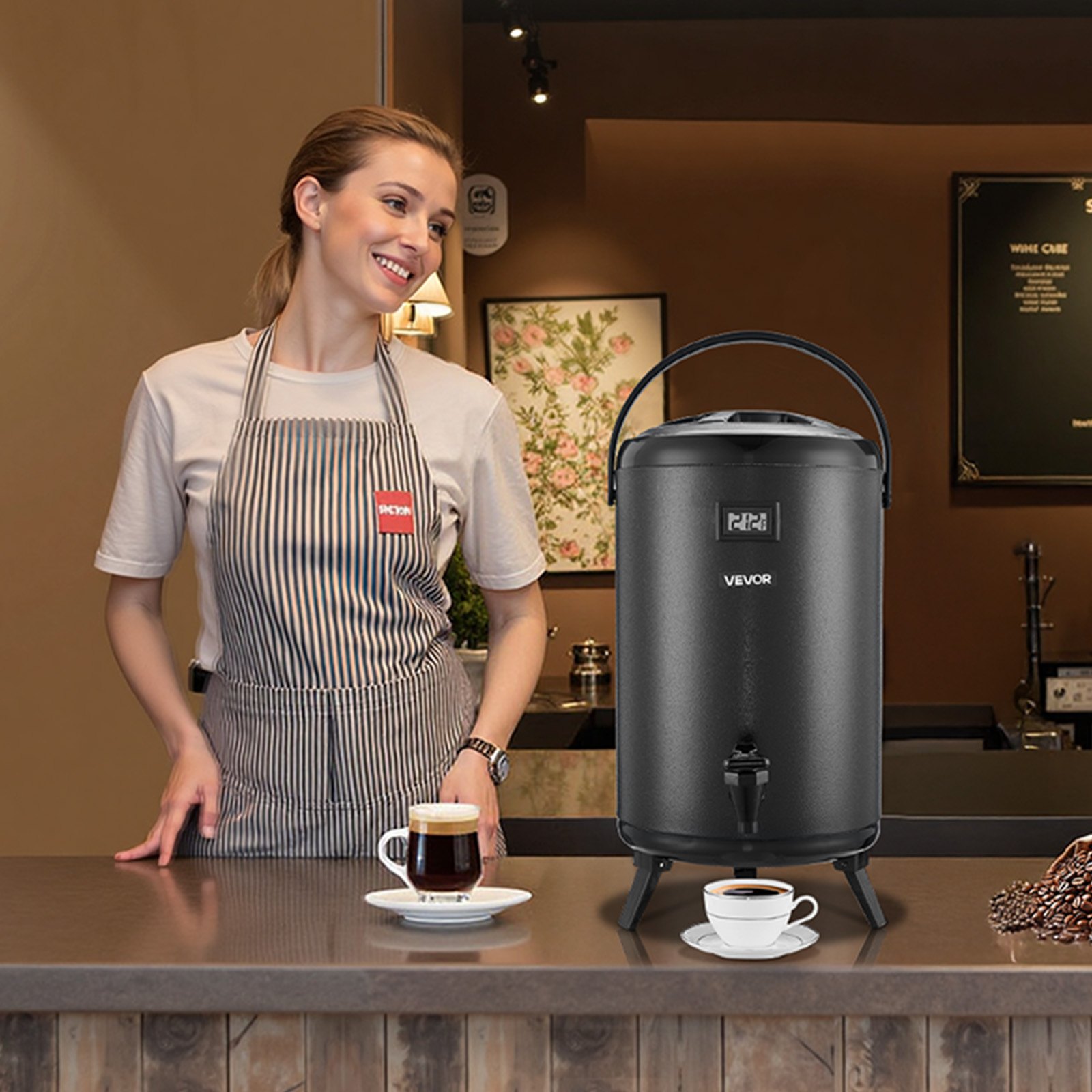 VEVOR Insulated Beverage Dispenser, 3.2 Gal/12L Stainless Steel Thermal Drink Server with Spigot & Temp Display, Suitable for Hot and Cold Drinks, for Tea Coffee Water in Cafes & Restaurants, Black