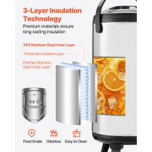 Insulated Beverage Dispenser for Hot & Cold Drinks 2.4 Gal Stainless Steel