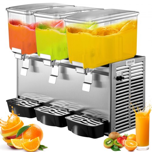 VEVOR Commercial Beverage Dispenser, 9.5 Gallon 36L 3 Tanks Ice Tea Drink Machine, 12 Liter Per Tank 270W Stainless Steel Food Grade Material,110V Fruit Juice Equipped with Thermostat Controller