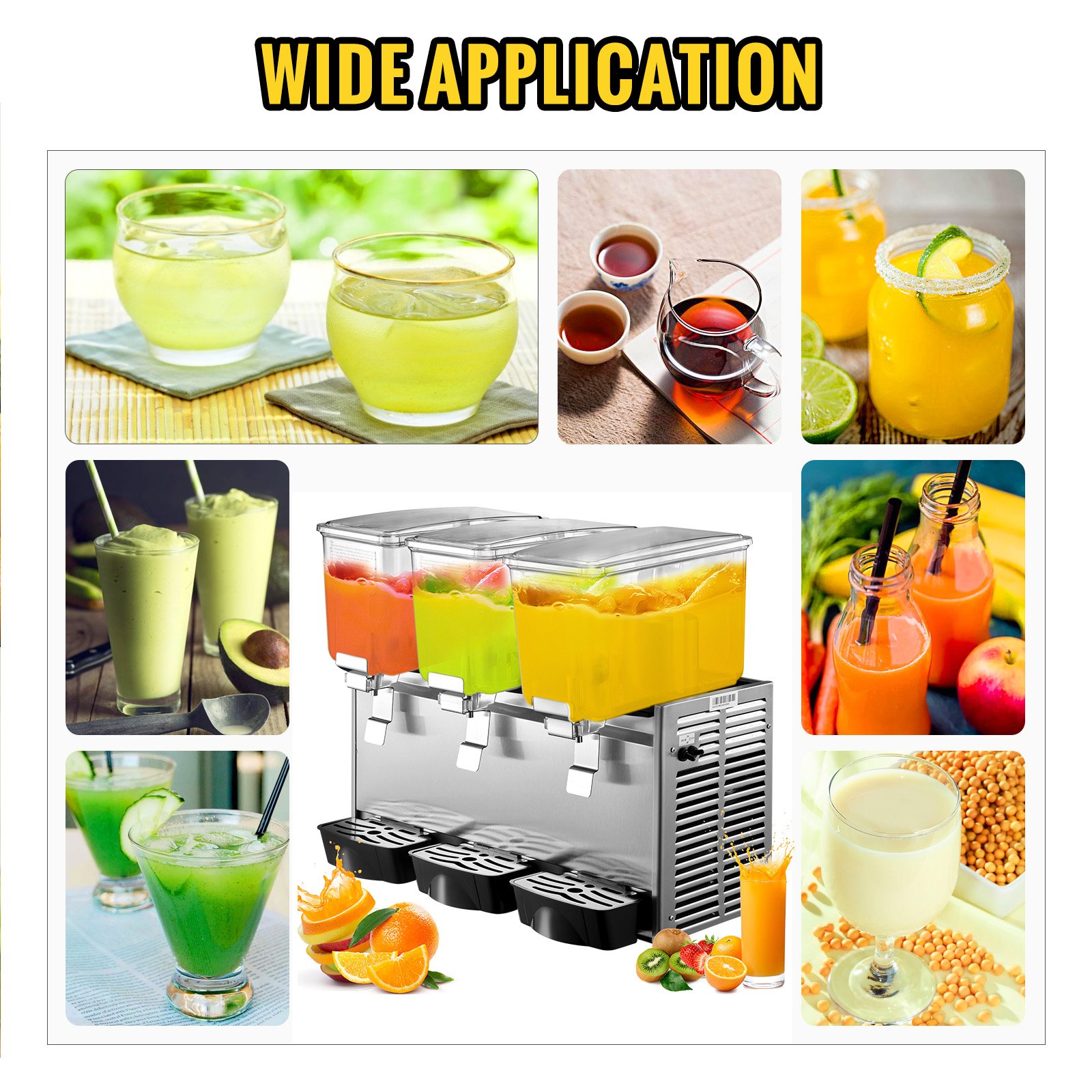 VEVOR Commercial Cold Beverage Dispenser Stainless Steel Fruit Juice Beverage Dispensers 3 Tanks 36.3 L Ice Tea Drink Dispenser Equipped with Thermostat Controller
